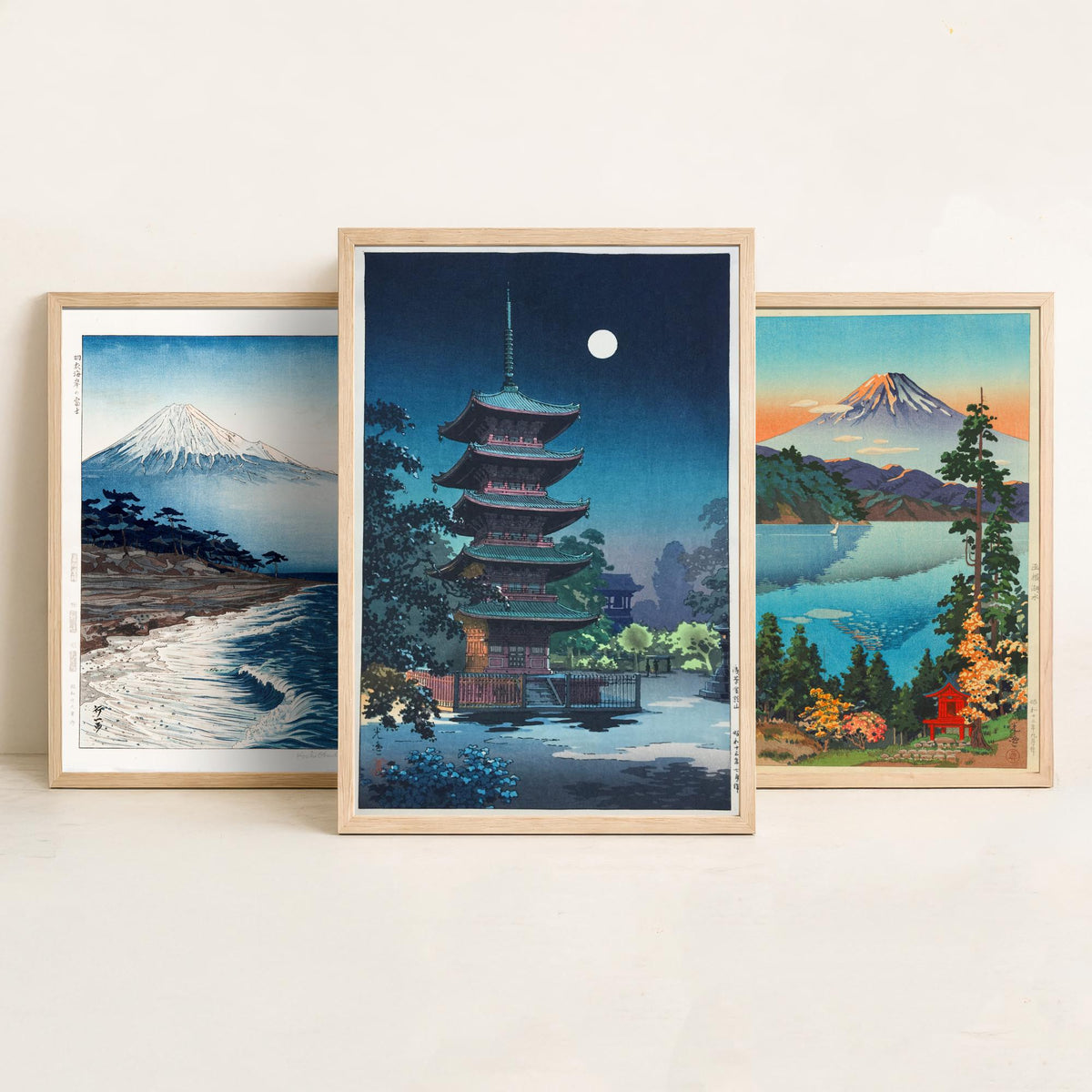 Shin Hanga Japan Set of Three Art Prints - Coastal Mount Fuji, Koitsu Lake Hakone, Asakusa Pagoda - Japanese Woodcut Poster