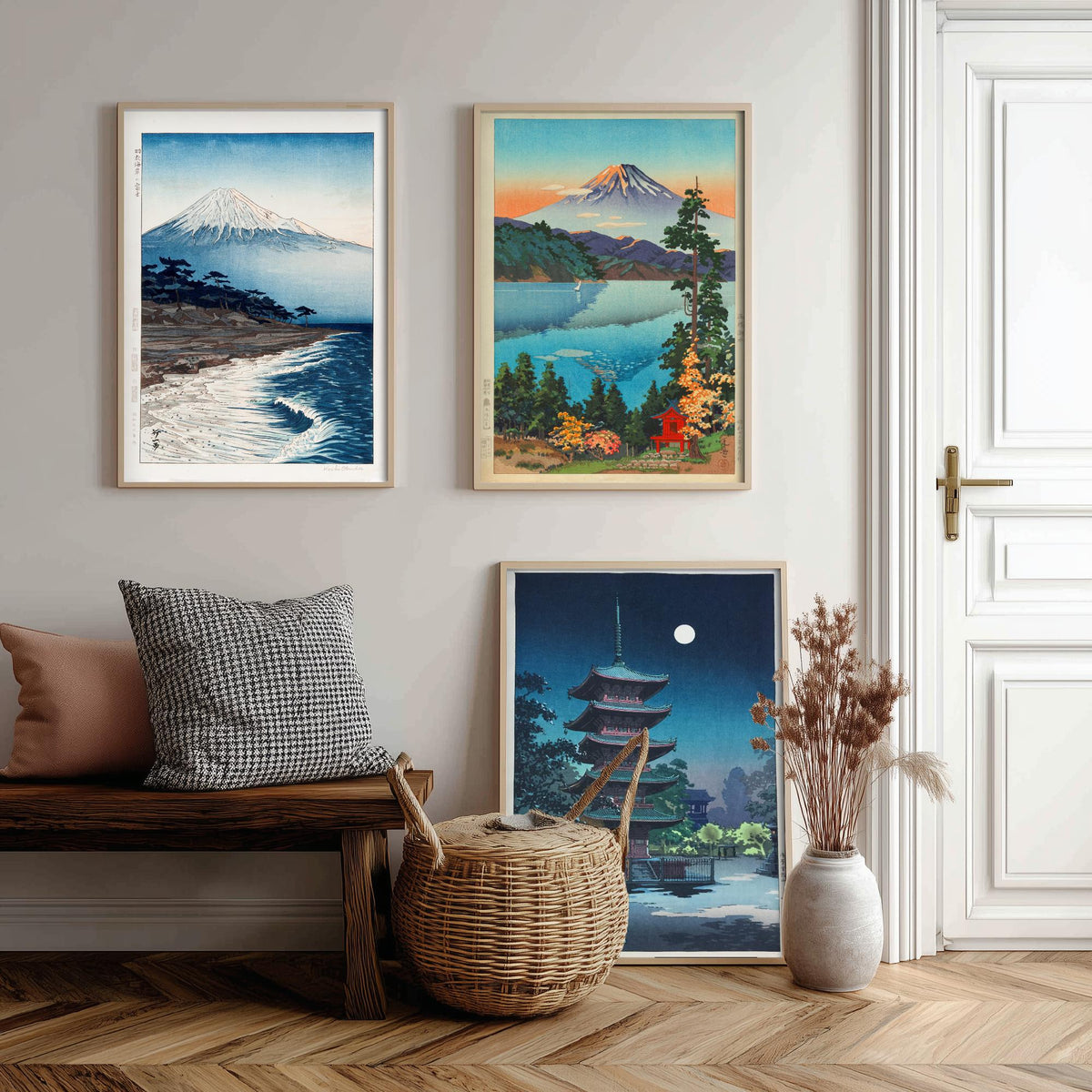 Shin Hanga Japan Set of Three Art Prints - Coastal Mount Fuji, Koitsu Lake Hakone, Asakusa Pagoda - Japanese Woodcut Poster