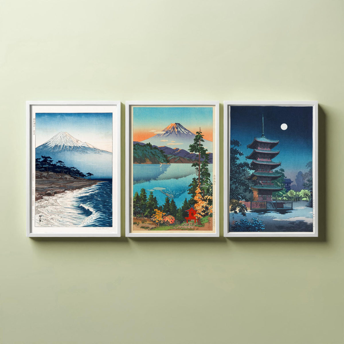 Shin Hanga Japan Set of Three Art Prints - Coastal Mount Fuji, Koitsu Lake Hakone, Asakusa Pagoda - Japanese Woodcut Poster