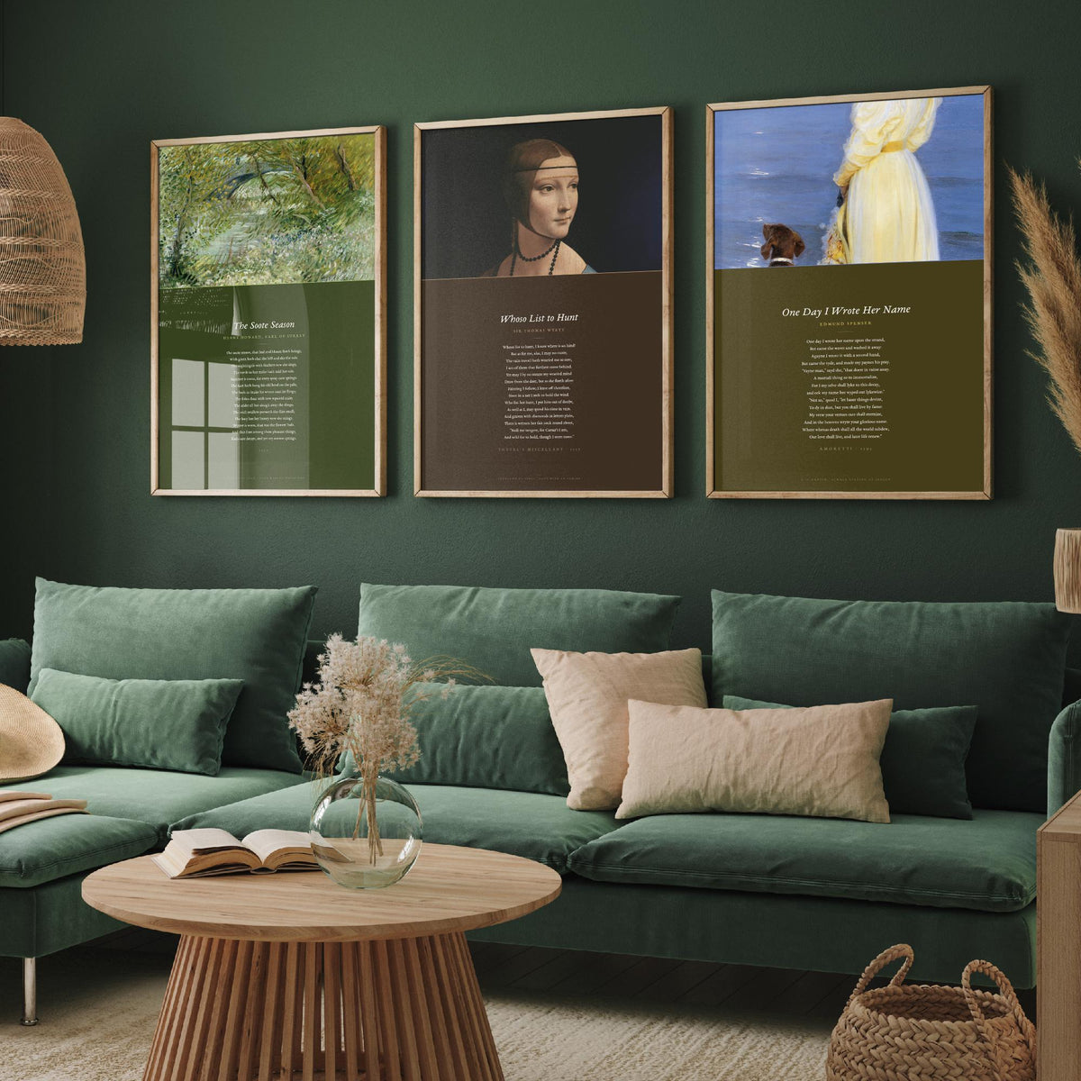 Tudor Sonnets Set of Three Art Prints - Whoso List to Hunt, The Soote Season, One Day I Wrote Her Name - Full Poems over Paintings Poster