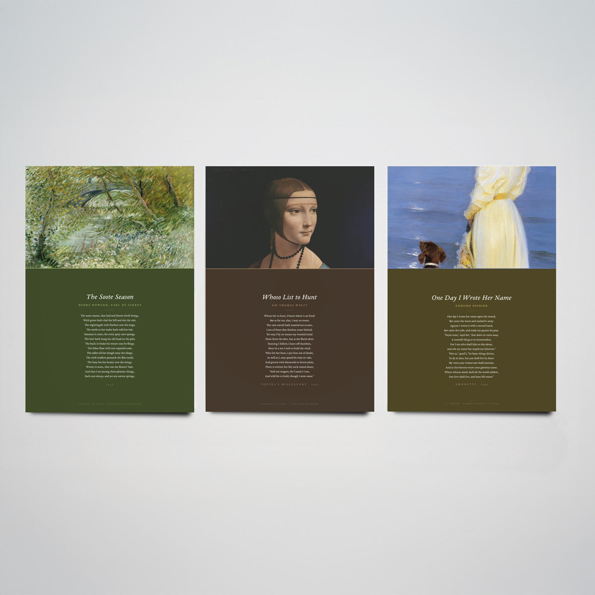 Tudor Sonnets Set of Three Art Prints - Whoso List to Hunt, The Soote Season, One Day I Wrote Her Name - Full Poems over Paintings Poster