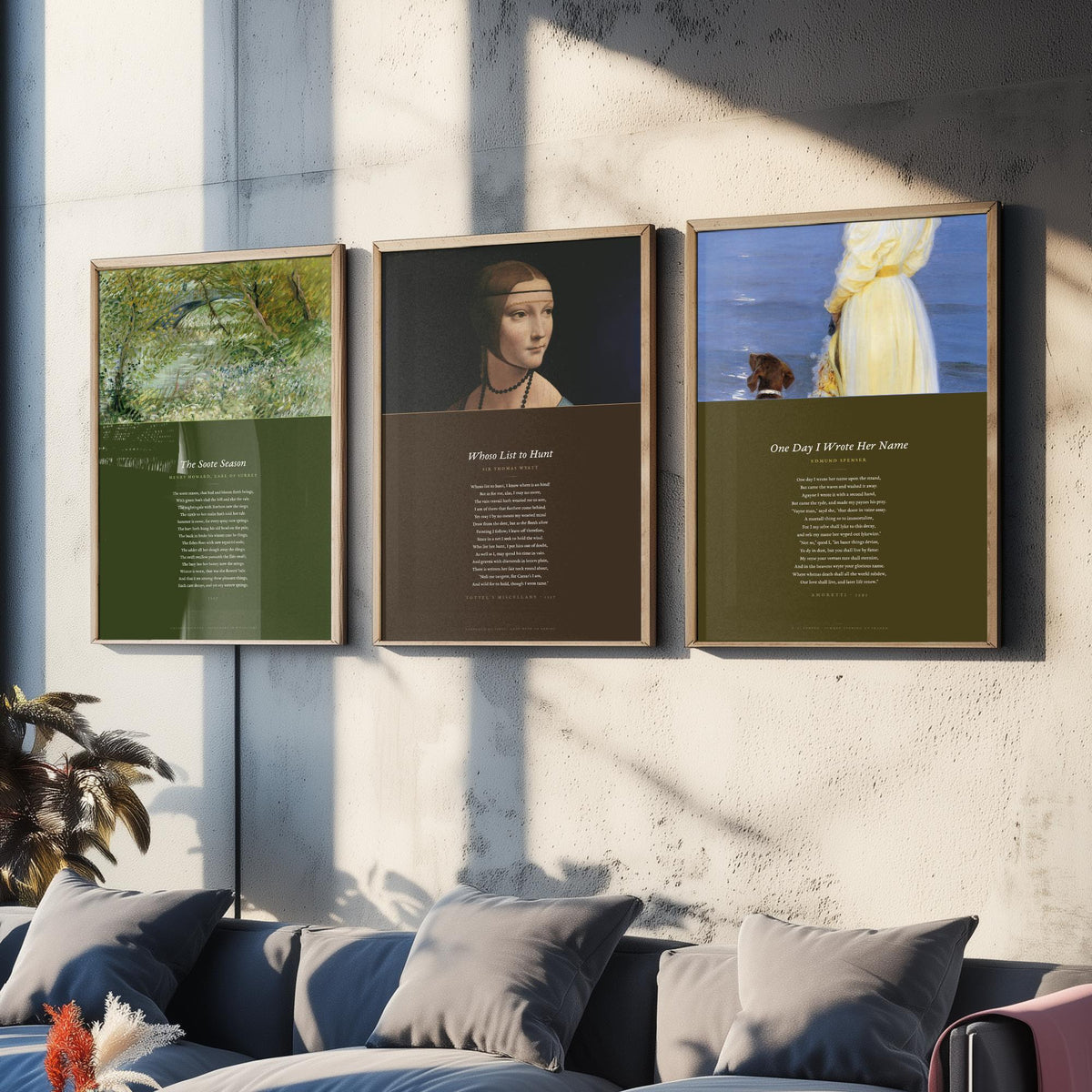Tudor Sonnets Set of Three Art Prints - Whoso List to Hunt, The Soote Season, One Day I Wrote Her Name - Full Poems over Paintings Poster