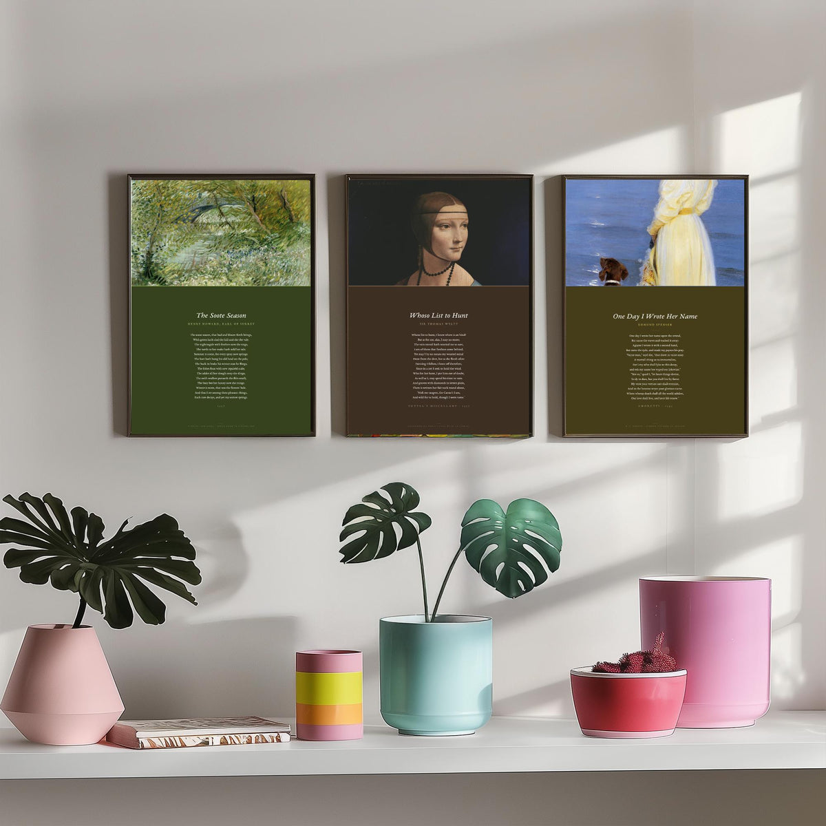 Tudor Sonnets Set of Three Art Prints - Whoso List to Hunt, The Soote Season, One Day I Wrote Her Name - Full Poems over Paintings Poster