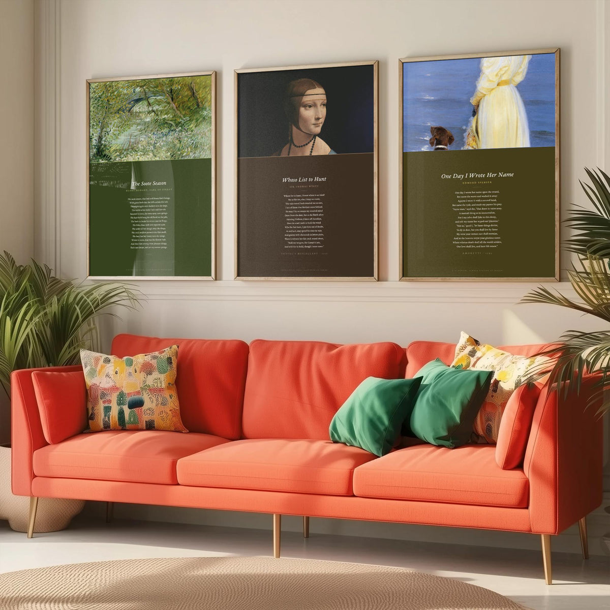 Tudor Sonnets Set of Three Art Prints - Whoso List to Hunt, The Soote Season, One Day I Wrote Her Name - Full Poems over Paintings Poster