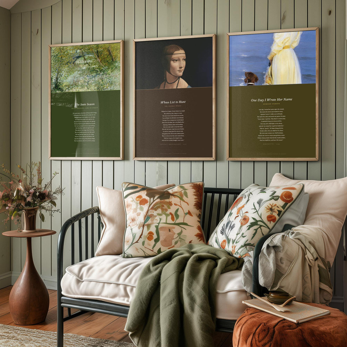 Tudor Sonnets Set of Three Art Prints - Whoso List to Hunt, The Soote Season, One Day I Wrote Her Name - Full Poems over Paintings Poster