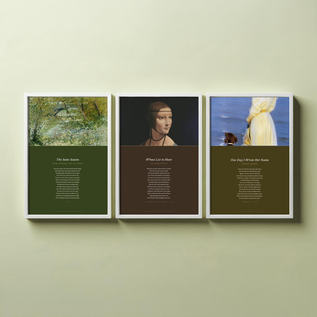 Tudor Sonnets Set of Three Art Prints - Whoso List to Hunt, The Soote Season, One Day I Wrote Her Name - Full Poems over Paintings Poster
