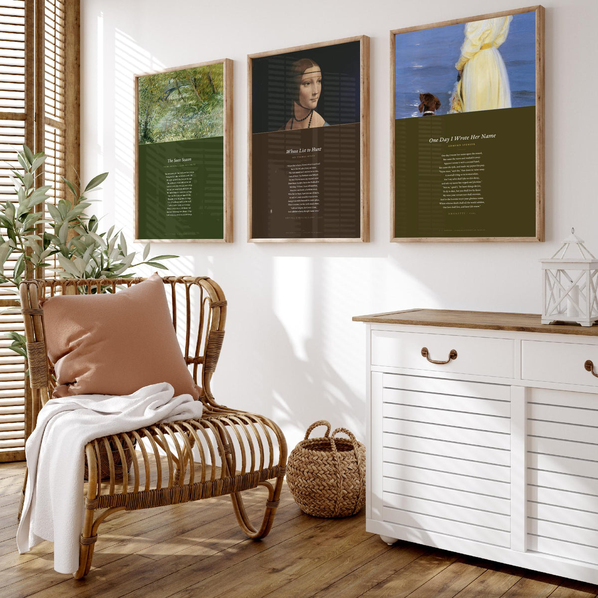 Tudor Sonnets Set of Three Art Prints - Whoso List to Hunt, The Soote Season, One Day I Wrote Her Name - Full Poems over Paintings Poster
