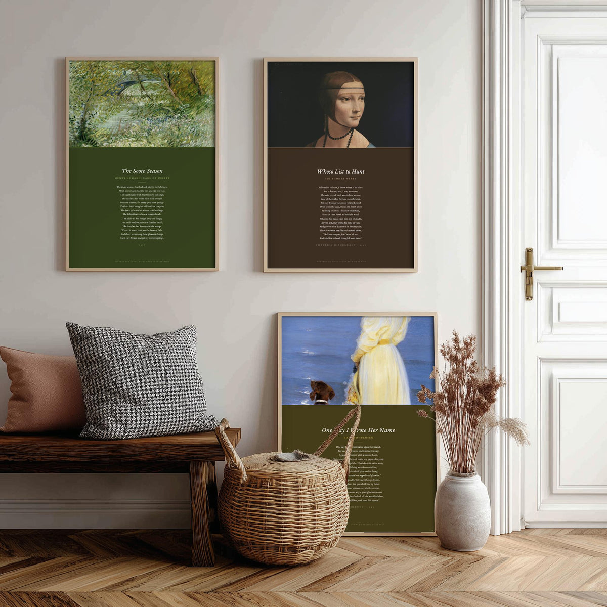 Tudor Sonnets Set of Three Art Prints - Whoso List to Hunt, The Soote Season, One Day I Wrote Her Name - Full Poems over Paintings Poster
