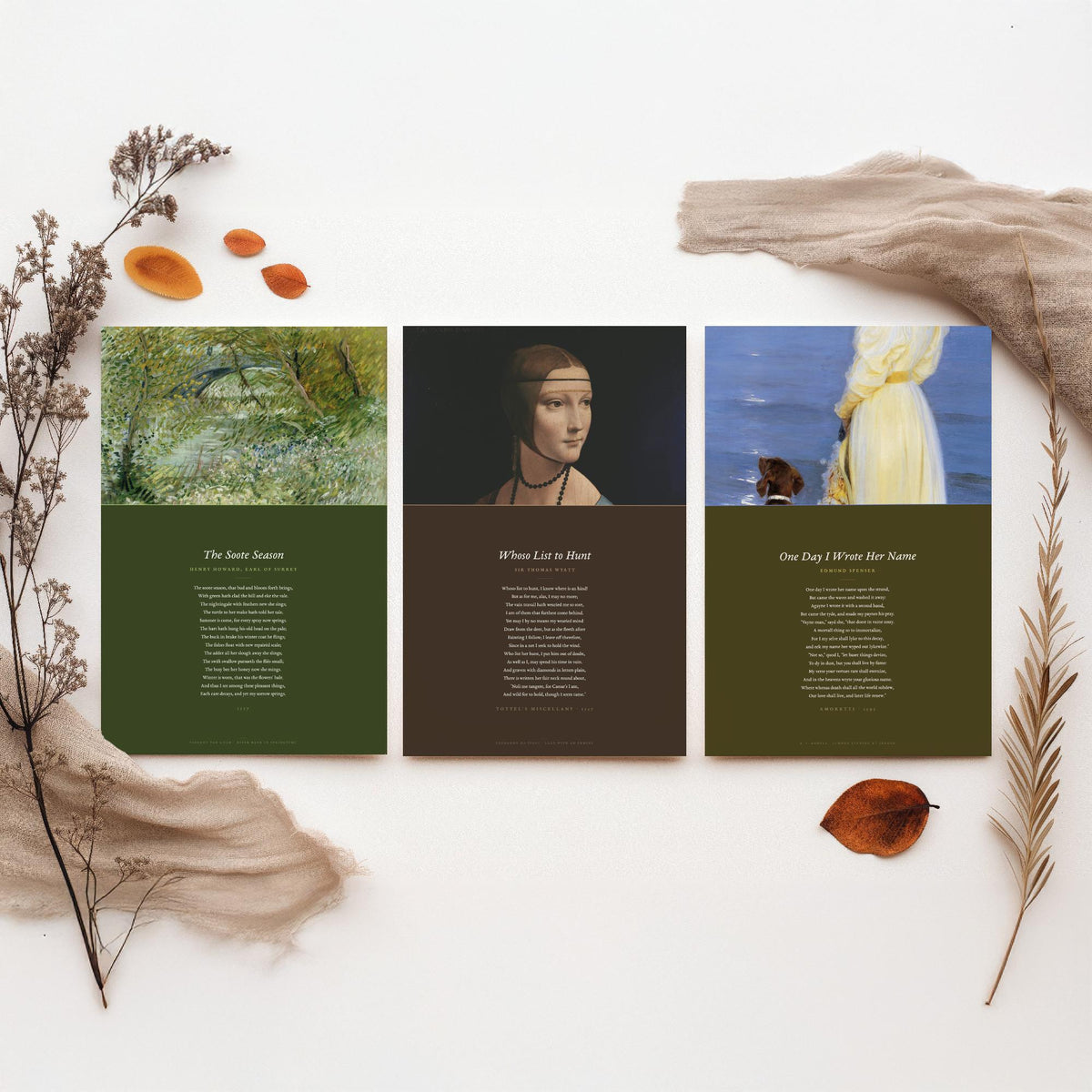 Tudor Sonnets Set of Three Art Prints - Whoso List to Hunt, The Soote Season, One Day I Wrote Her Name - Full Poems over Paintings Poster