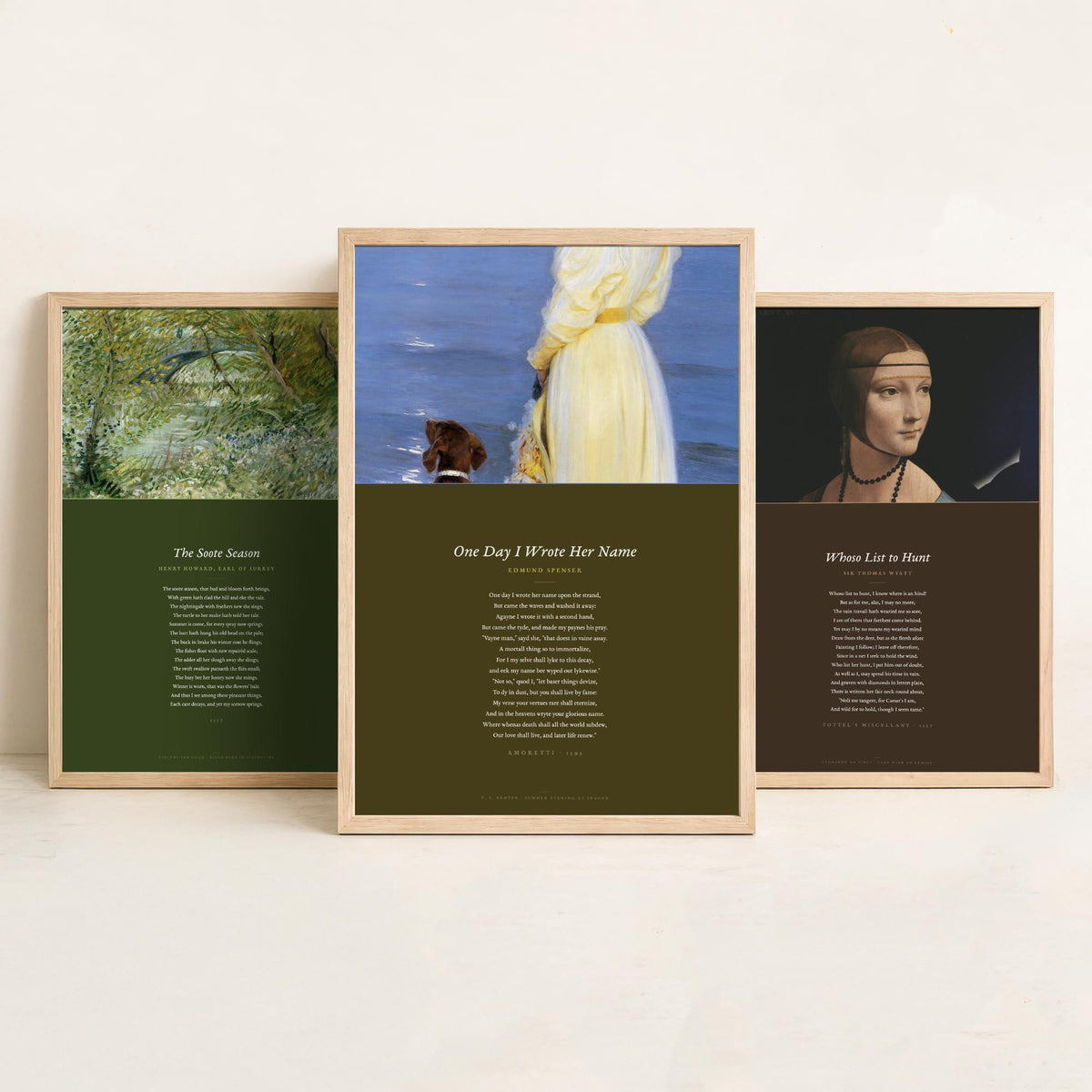 Tudor Sonnets Set of Three Art Prints - Whoso List to Hunt, The Soote Season, One Day I Wrote Her Name - Full Poems over Paintings Poster