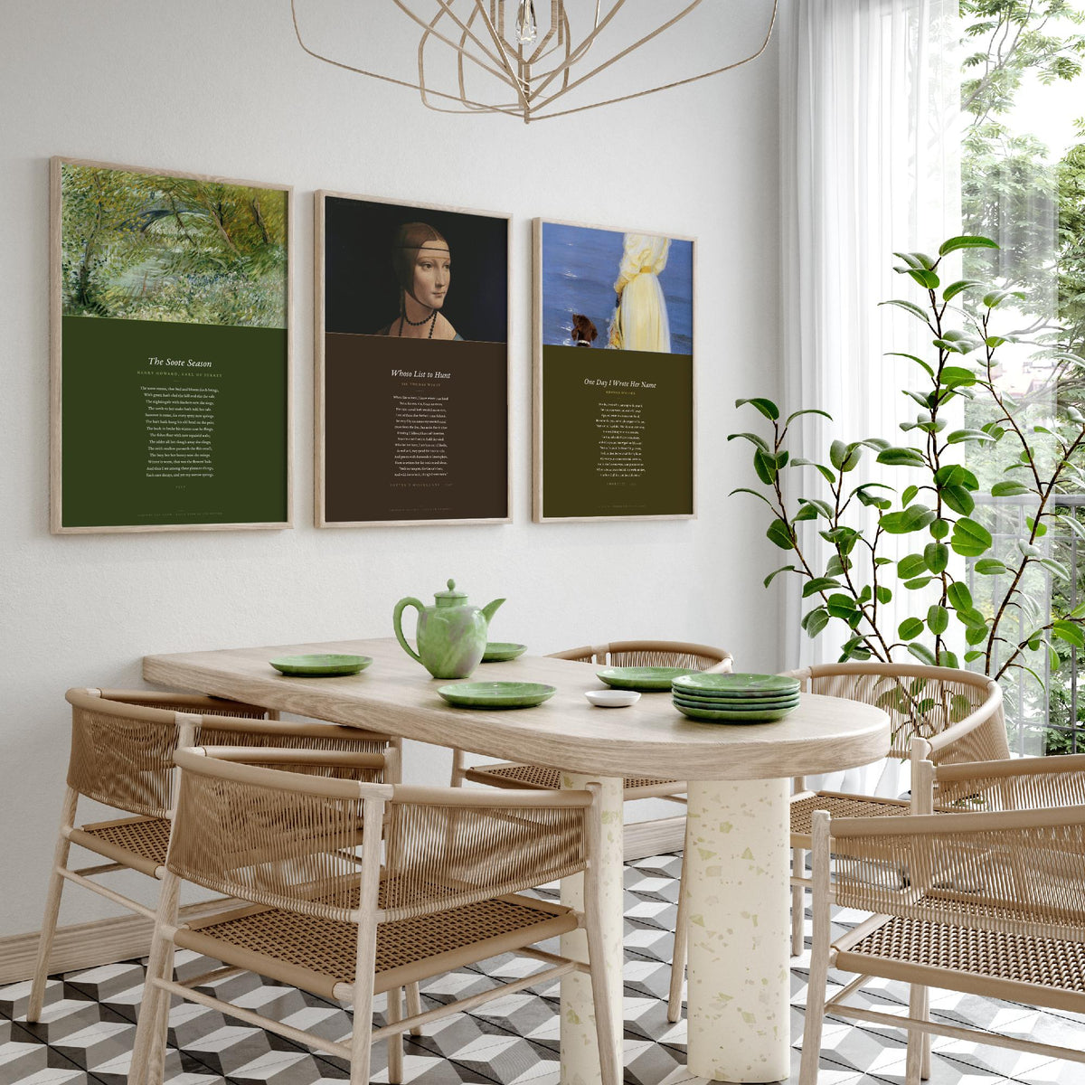 Tudor Sonnets Set of Three Art Prints - Whoso List to Hunt, The Soote Season, One Day I Wrote Her Name - Full Poems over Paintings Poster
