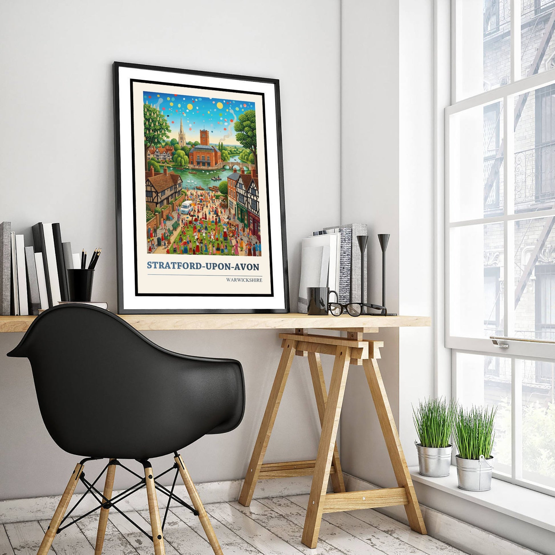 Stratford-upon-Avon Travel Poster - Shakespeare Country Folk Art Illustration - River Avon Swans Art Print - Warwickshire Fete 1/3