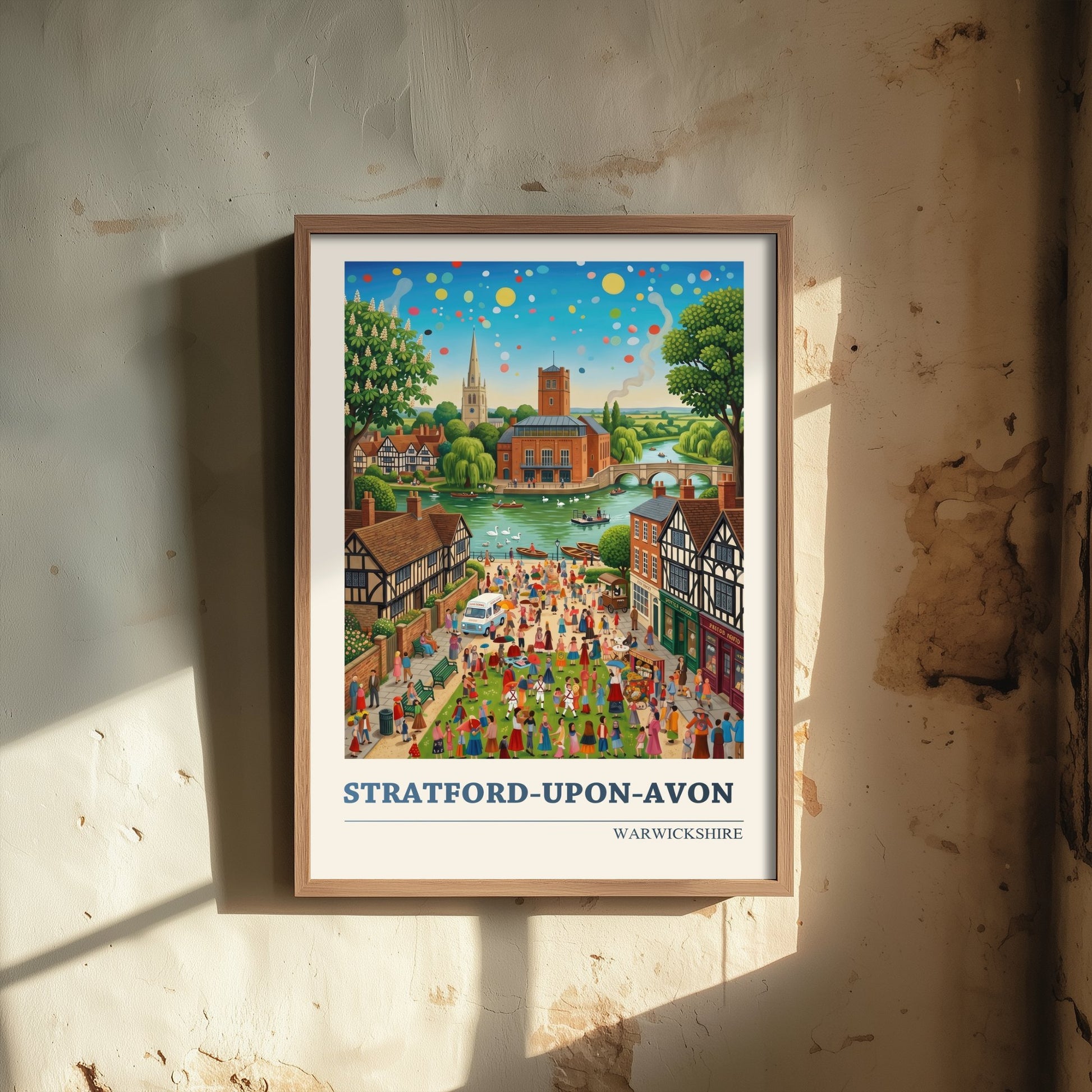 Stratford-upon-Avon Travel Poster - Shakespeare Country Folk Art Illustration - River Avon Swans Art Print - Warwickshire Fete 1/3