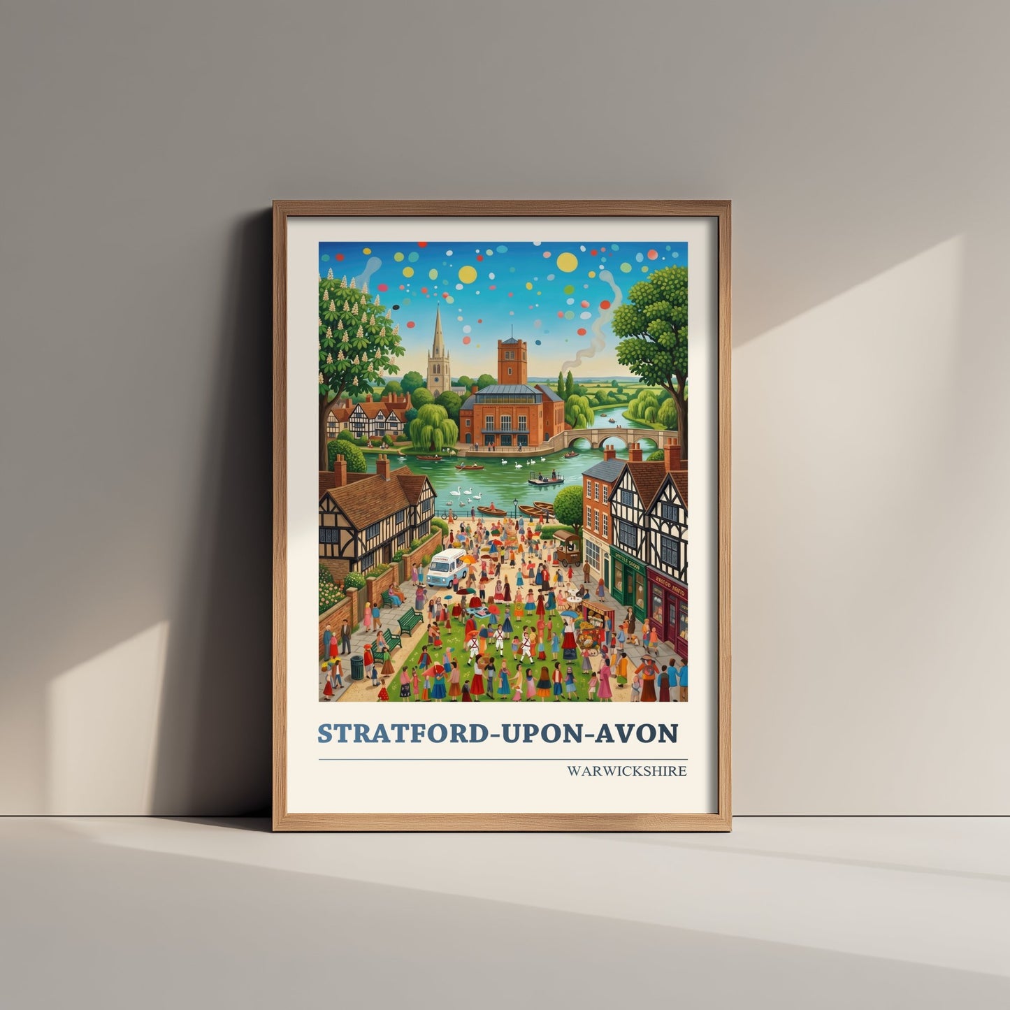 Stratford-upon-Avon Travel Poster - Shakespeare Country Folk Art Illustration - River Avon Swans Art Print - Warwickshire Fete 1/3