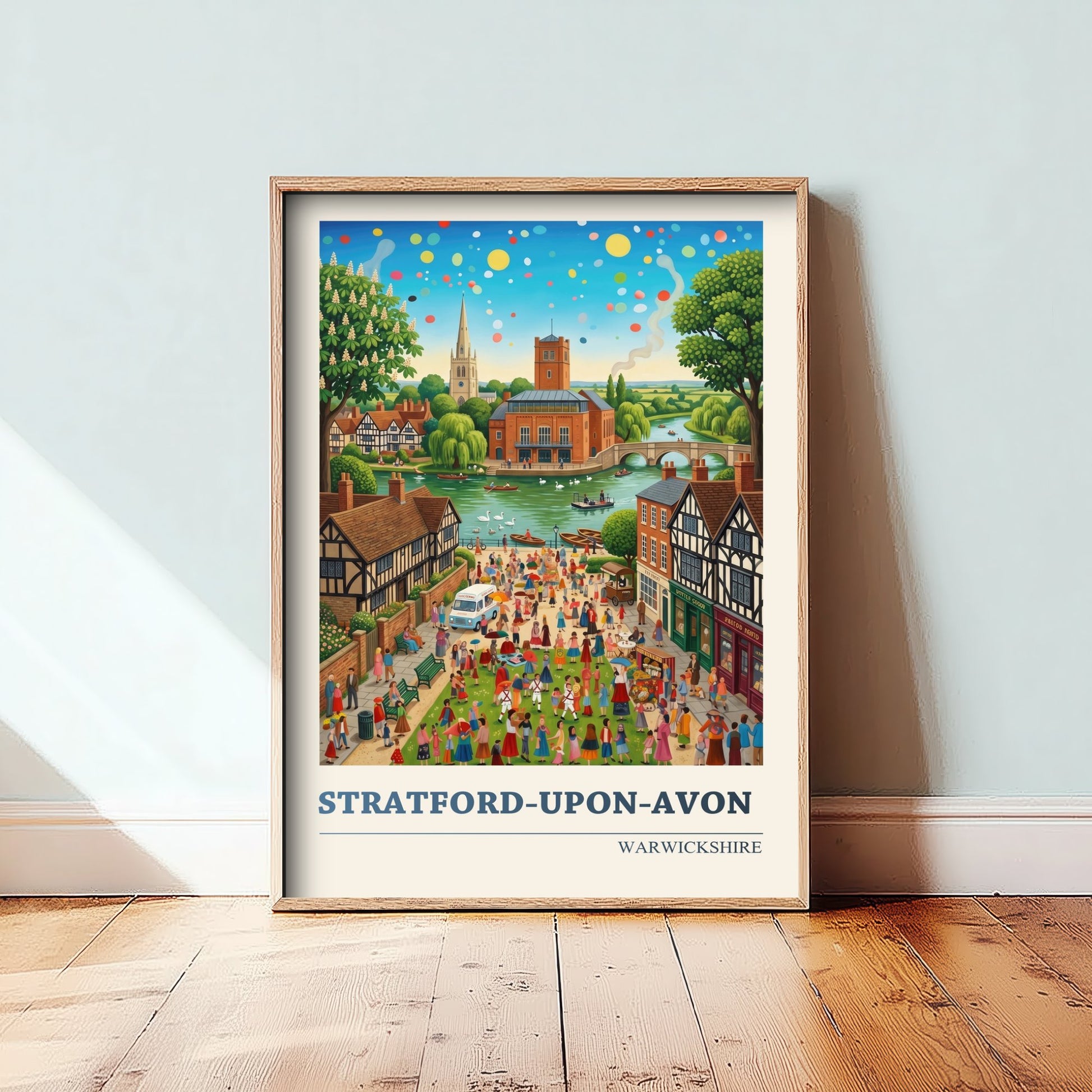 Stratford-upon-Avon Travel Poster - Shakespeare Country Folk Art Illustration - River Avon Swans Art Print - Warwickshire Fete 1/3