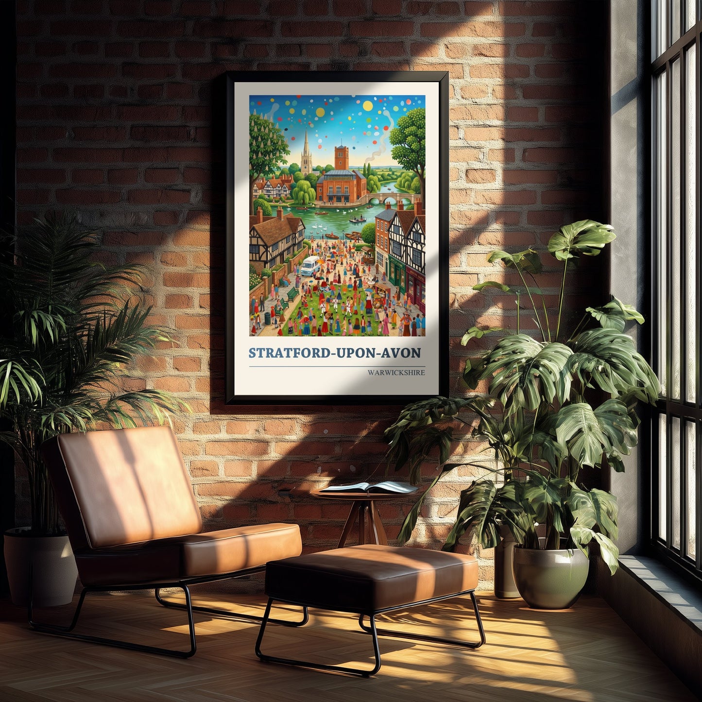Stratford-upon-Avon Travel Poster - Shakespeare Country Folk Art Illustration - River Avon Swans Art Print - Warwickshire Fete 1/3