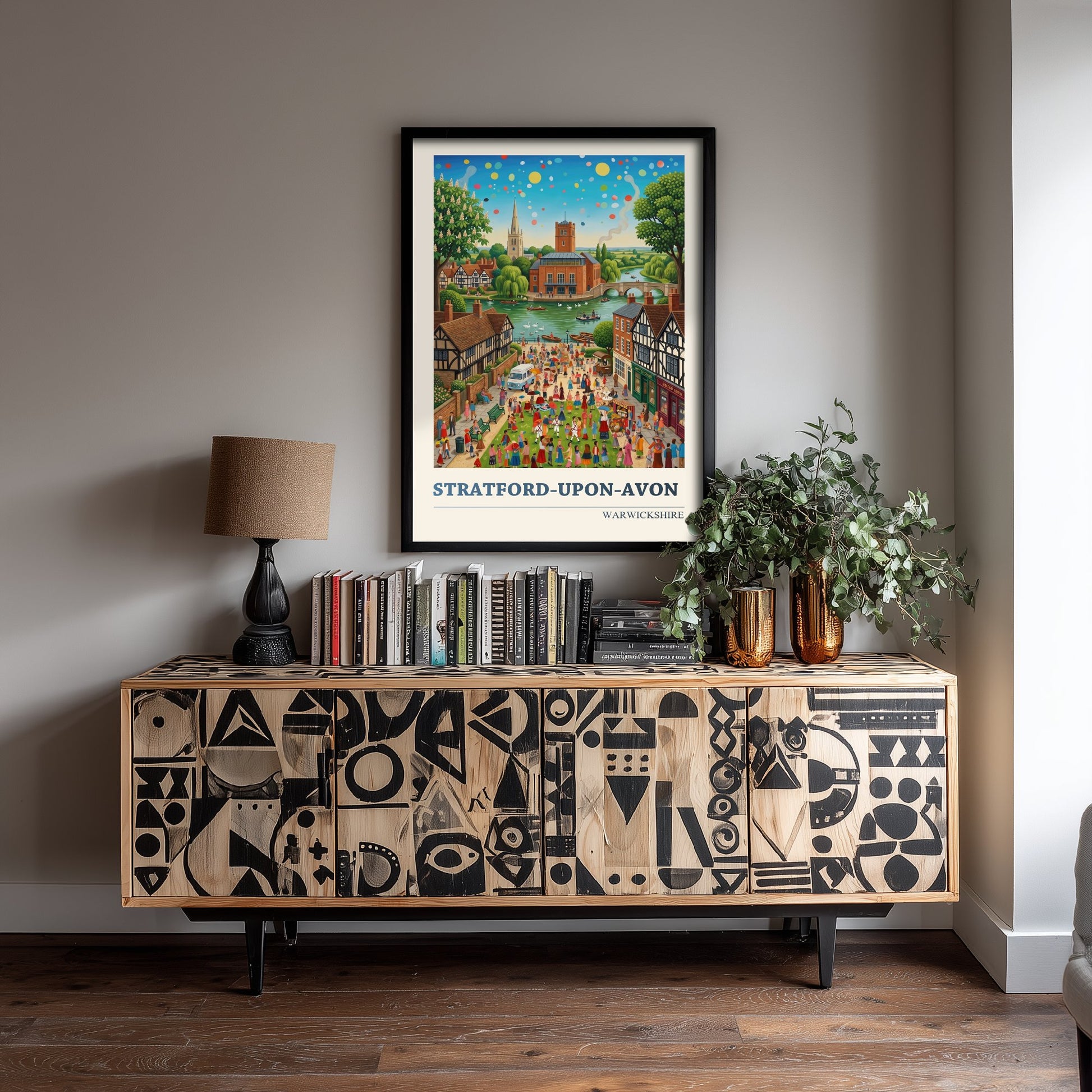 Stratford-upon-Avon Travel Poster - Shakespeare Country Folk Art Illustration - River Avon Swans Art Print - Warwickshire Fete 1/3