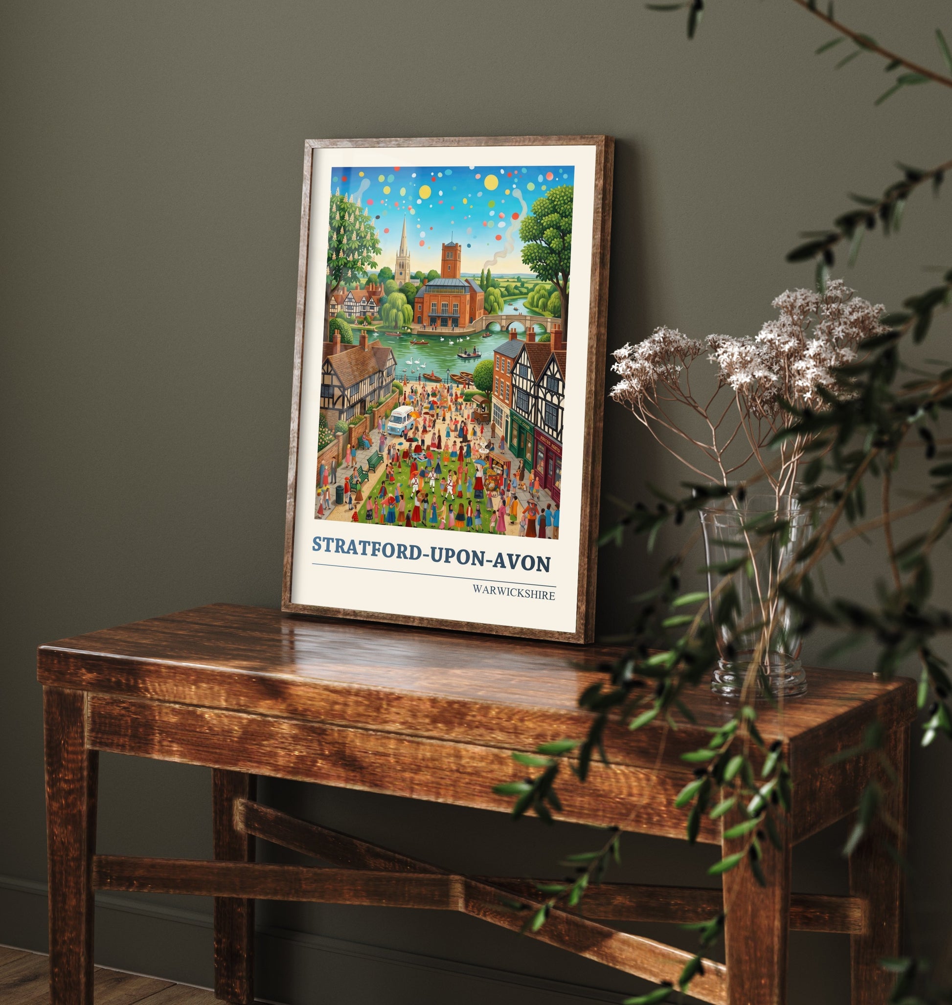 Stratford-upon-Avon Travel Poster - Shakespeare Country Folk Art Illustration - River Avon Swans Art Print - Warwickshire Fete 1/3
