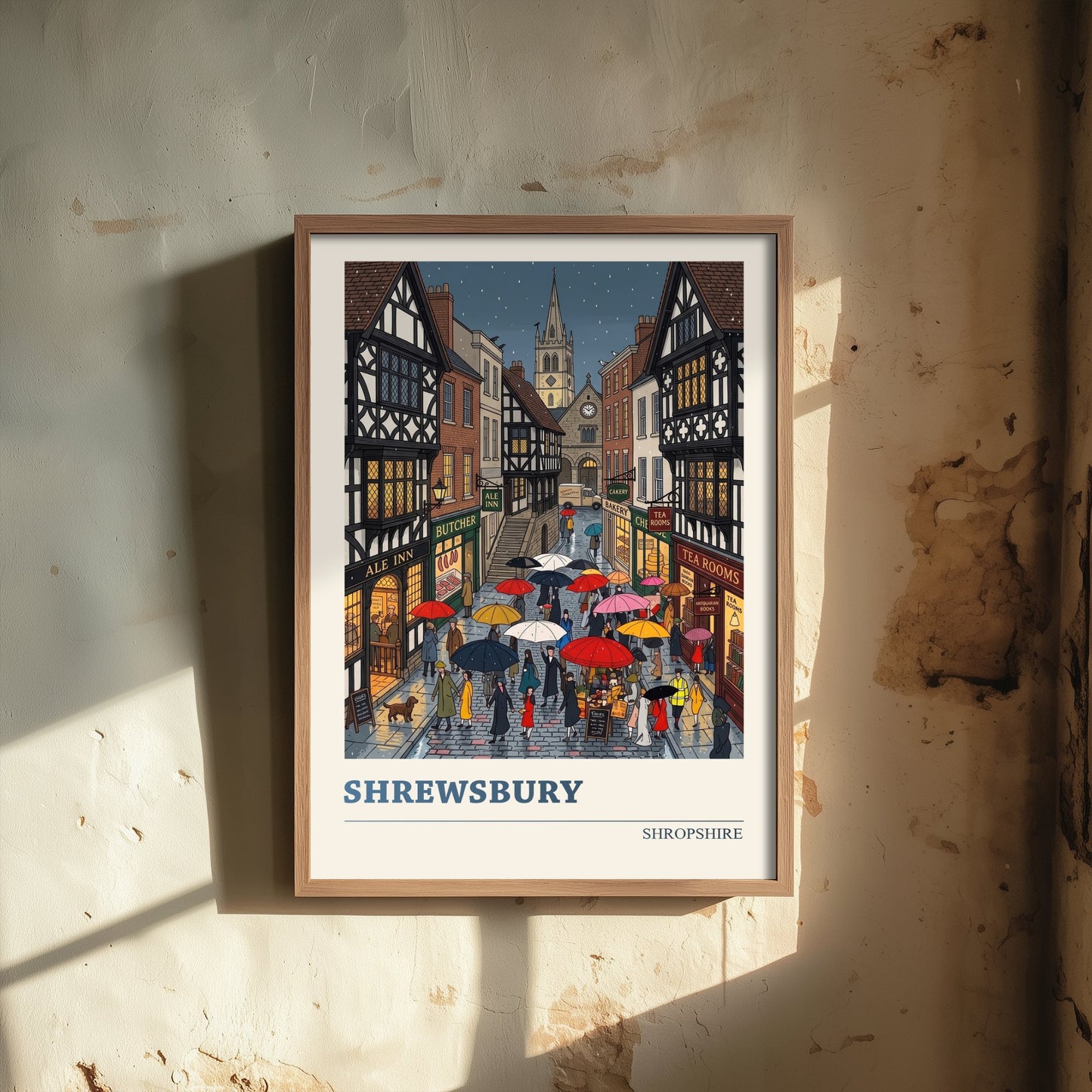 Shrewsbury Shropshire Travel Poster - Rainy Tudor Street Folk Art Illustration - Umbrellas and Tea Rooms Art Print - Market Town 2/3