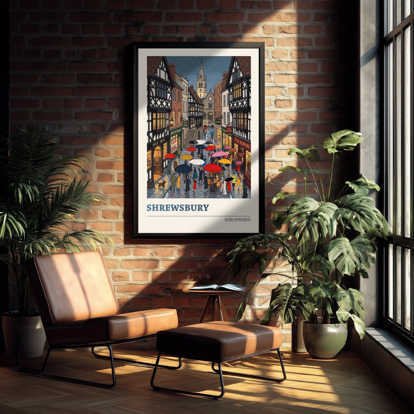 Shrewsbury Shropshire Travel Poster - Rainy Tudor Street Folk Art Illustration - Umbrellas and Tea Rooms Art Print - Market Town 2/3