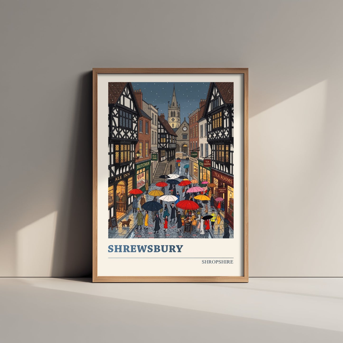 Shrewsbury Shropshire Travel Poster - Rainy Tudor Street Folk Art Illustration - Umbrellas and Tea Rooms Art Print - Market Town 2/3