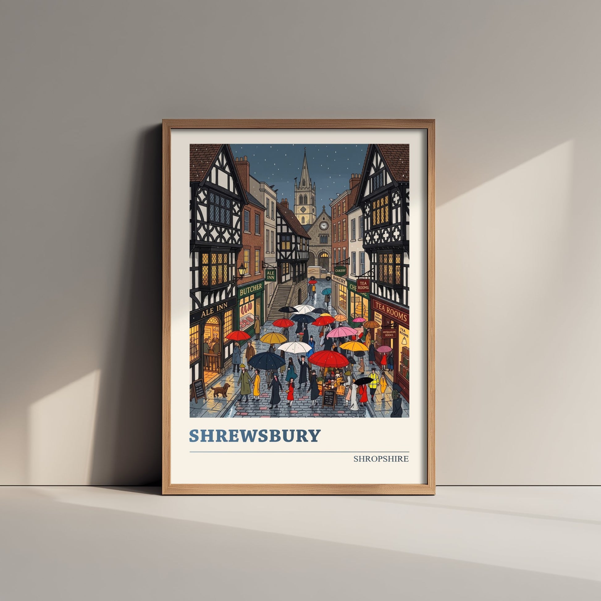 Shrewsbury Shropshire Travel Poster - Rainy Tudor Street Folk Art Illustration - Umbrellas and Tea Rooms Art Print - Market Town 2/3