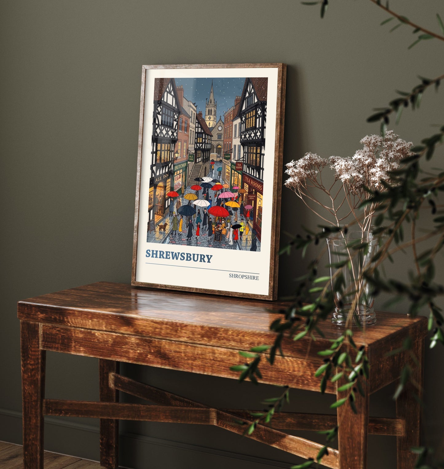 Shrewsbury Shropshire Travel Poster - Rainy Tudor Street Folk Art Illustration - Umbrellas and Tea Rooms Art Print - Market Town 2/3