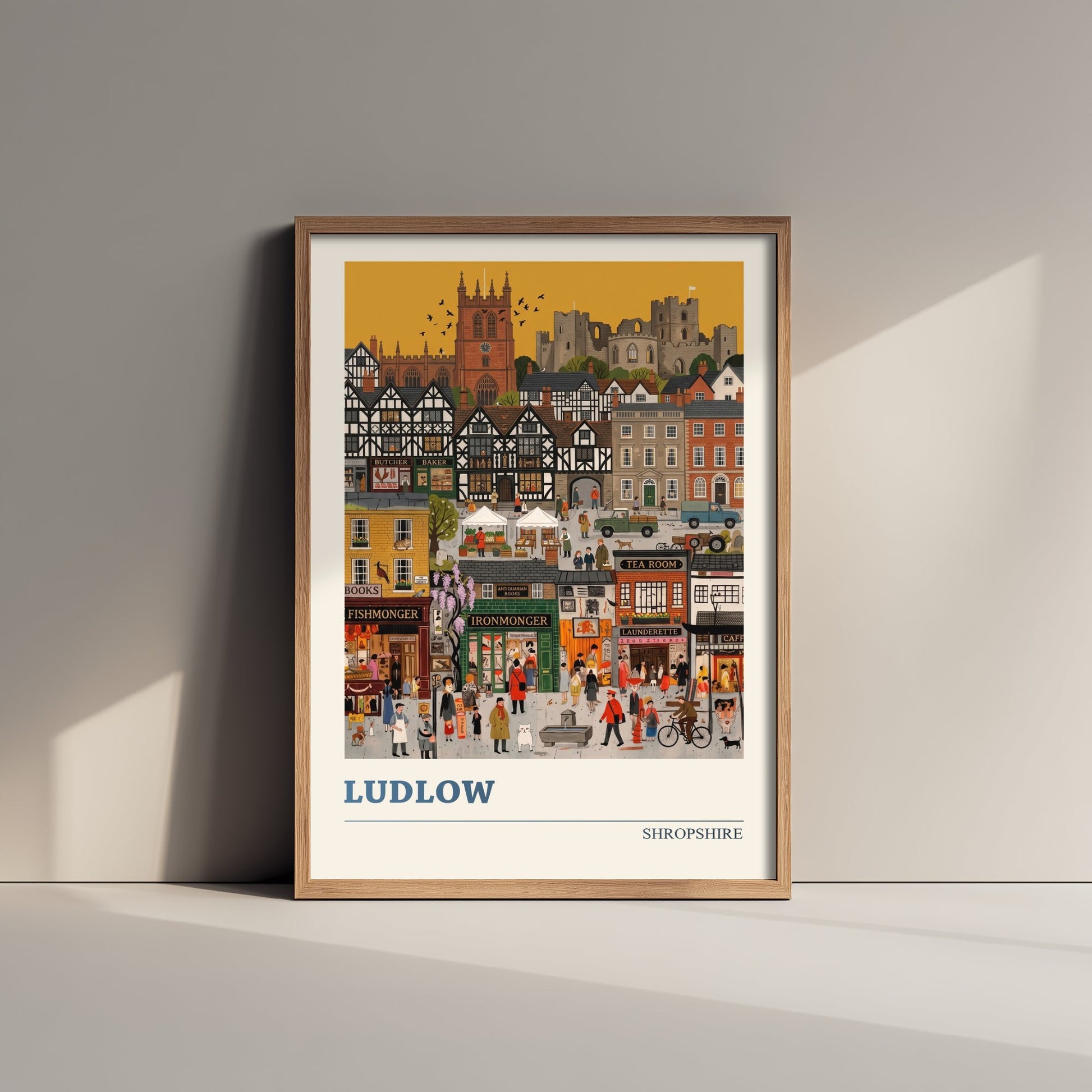 Ludlow Shropshire Travel Poster - Castle and Market Folk Art Illustration - Tudor Town Art Print - Golden Sky Street Scene 3/3