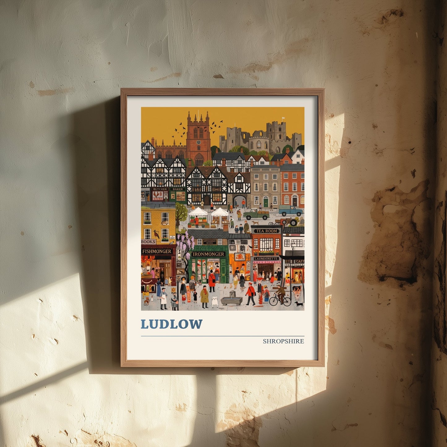 Ludlow Shropshire Travel Poster - Castle and Market Folk Art Illustration - Tudor Town Art Print - Golden Sky Street Scene 3/3