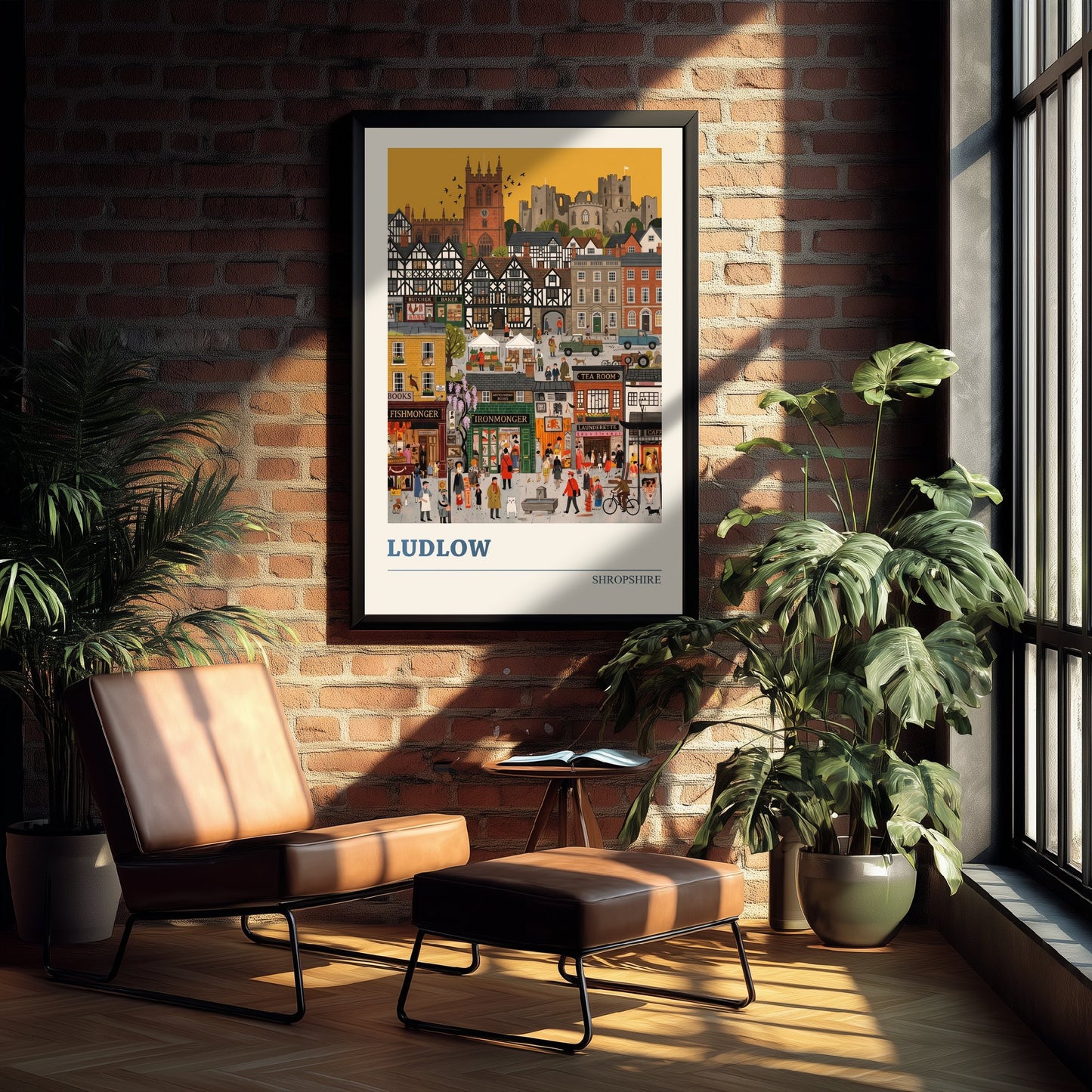 Ludlow Shropshire Travel Poster - Castle and Market Folk Art Illustration - Tudor Town Art Print - Golden Sky Street Scene 3/3