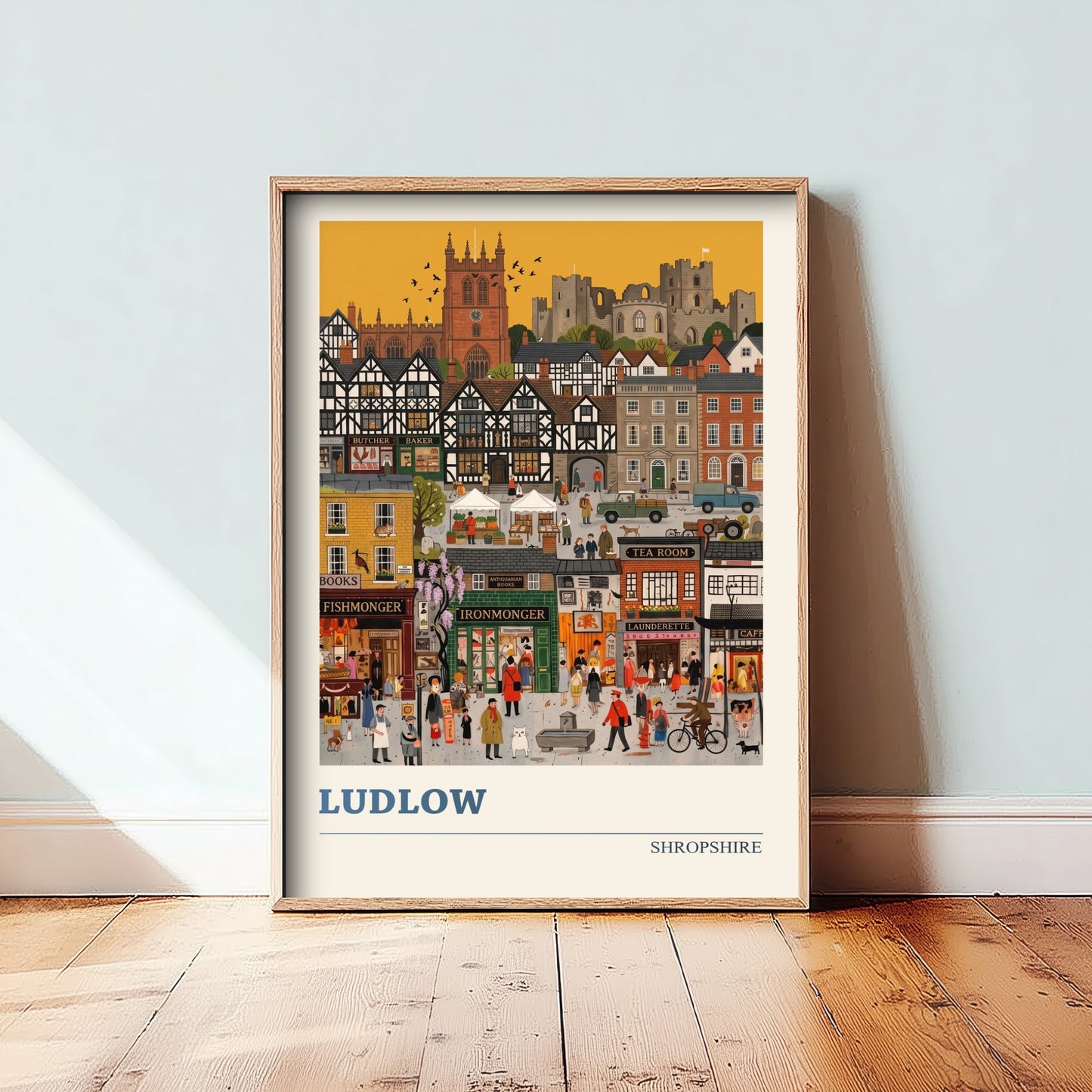 Ludlow Shropshire Travel Poster - Castle and Market Folk Art Illustration - Tudor Town Art Print - Golden Sky Street Scene 3/3