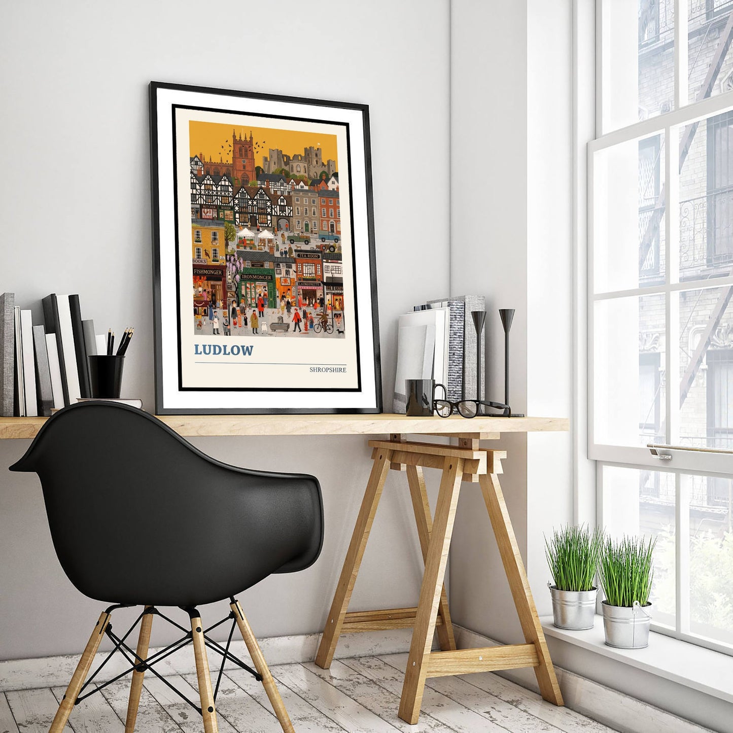 Ludlow Shropshire Travel Poster - Castle and Market Folk Art Illustration - Tudor Town Art Print - Golden Sky Street Scene 3/3