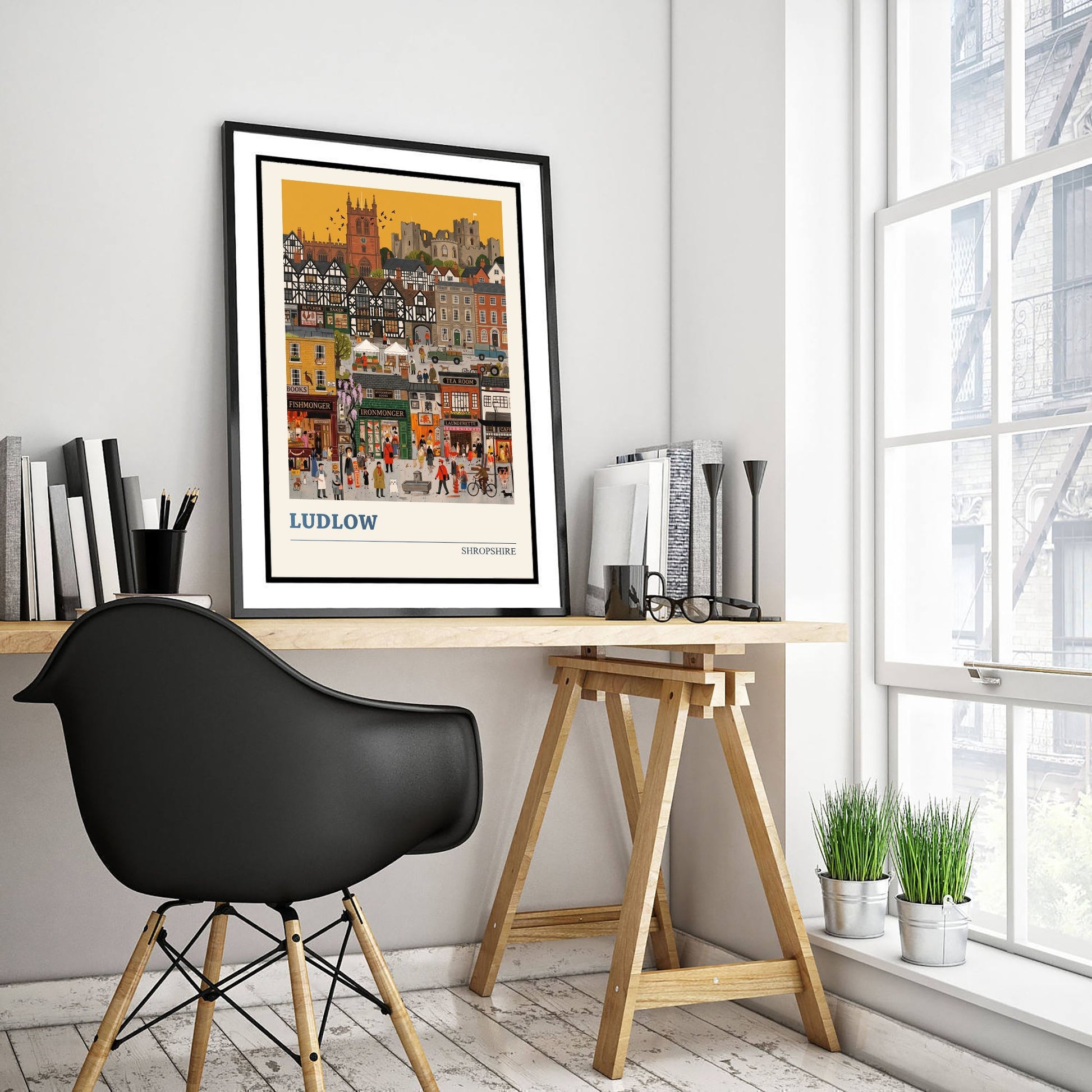 Ludlow Shropshire Travel Poster - Castle and Market Folk Art Illustration - Tudor Town Art Print - Golden Sky Street Scene 3/3
