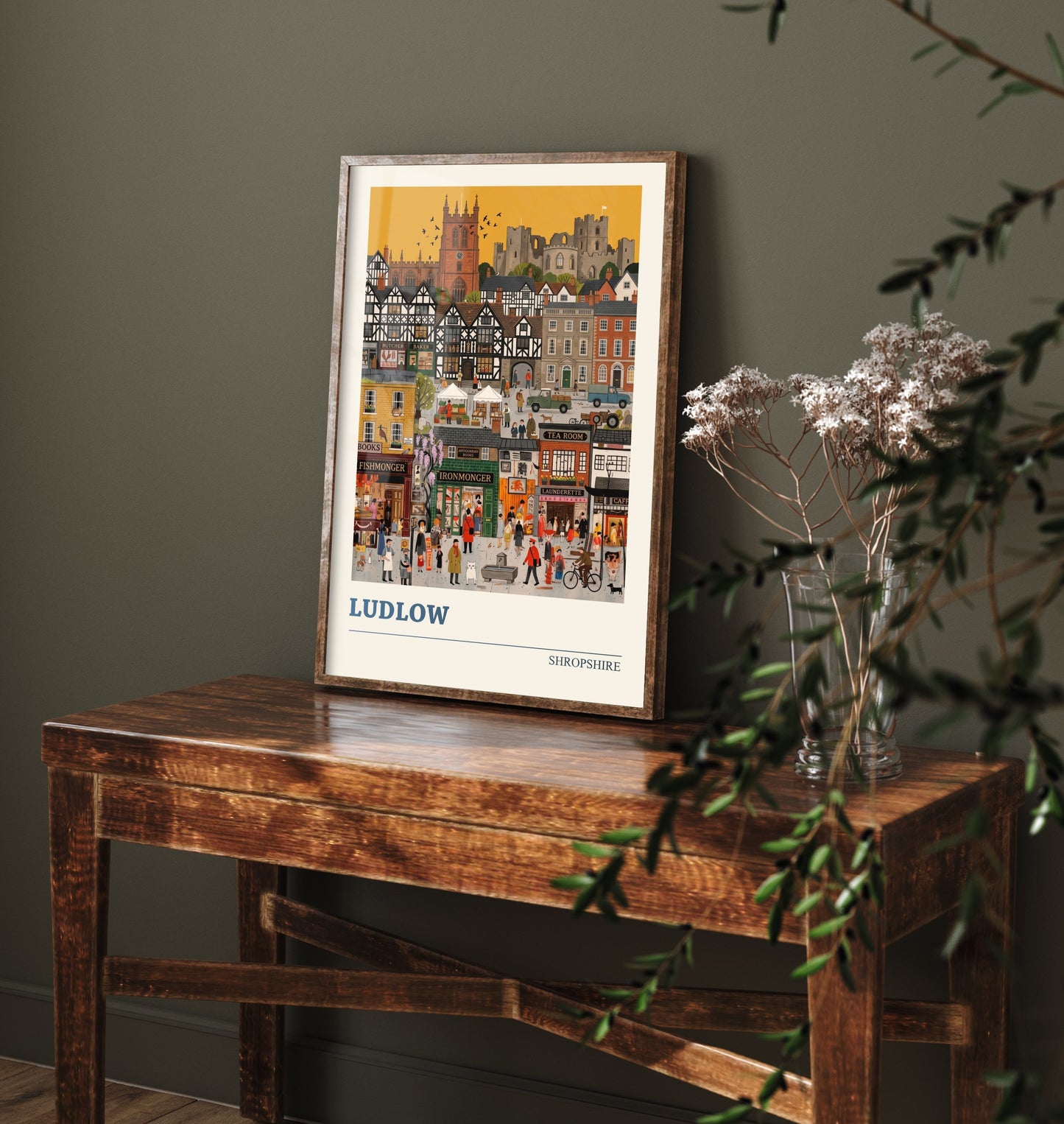 Ludlow Shropshire Travel Poster - Castle and Market Folk Art Illustration - Tudor Town Art Print - Golden Sky Street Scene 3/3