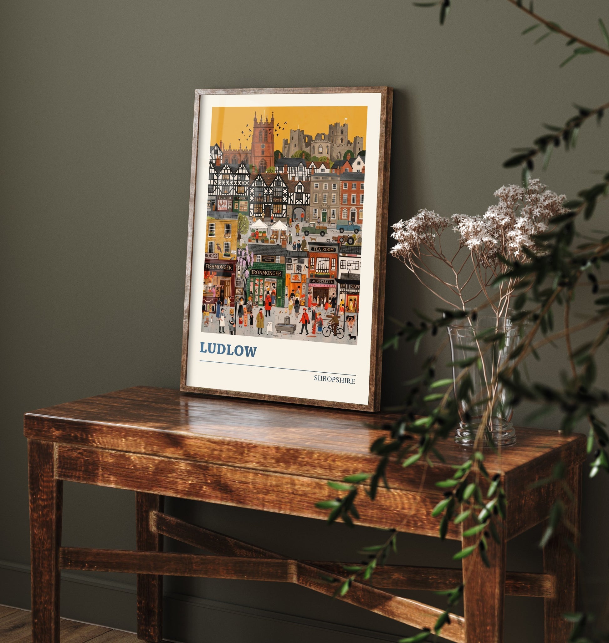 Ludlow Shropshire Travel Poster - Castle and Market Folk Art Illustration - Tudor Town Art Print - Golden Sky Street Scene 3/3