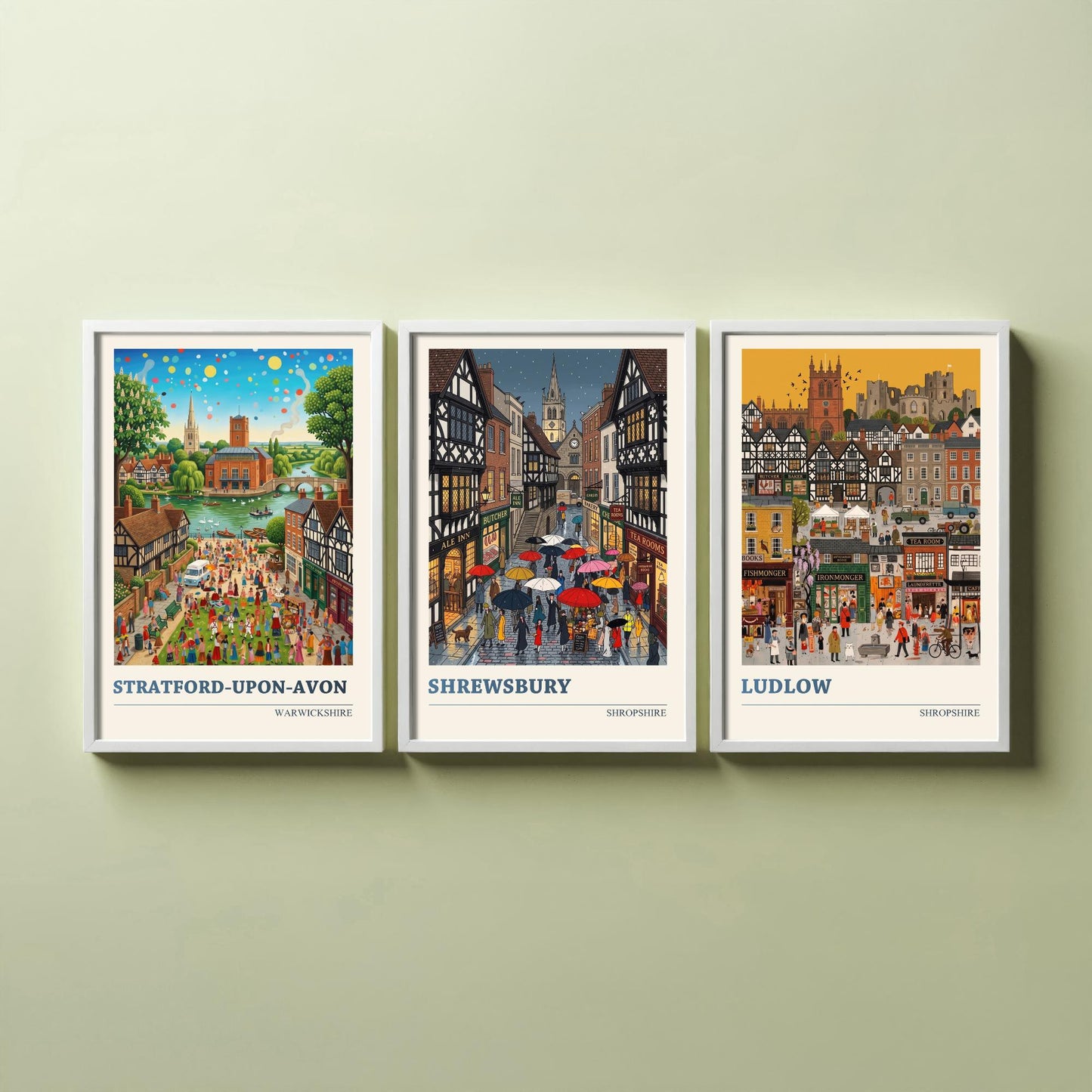 Tudor Towns Set of Three Art Prints - Stratford-upon-Avon, Shrewsbury, Ludlow - 3 Colourful Folk Illustration Posters - Painting
