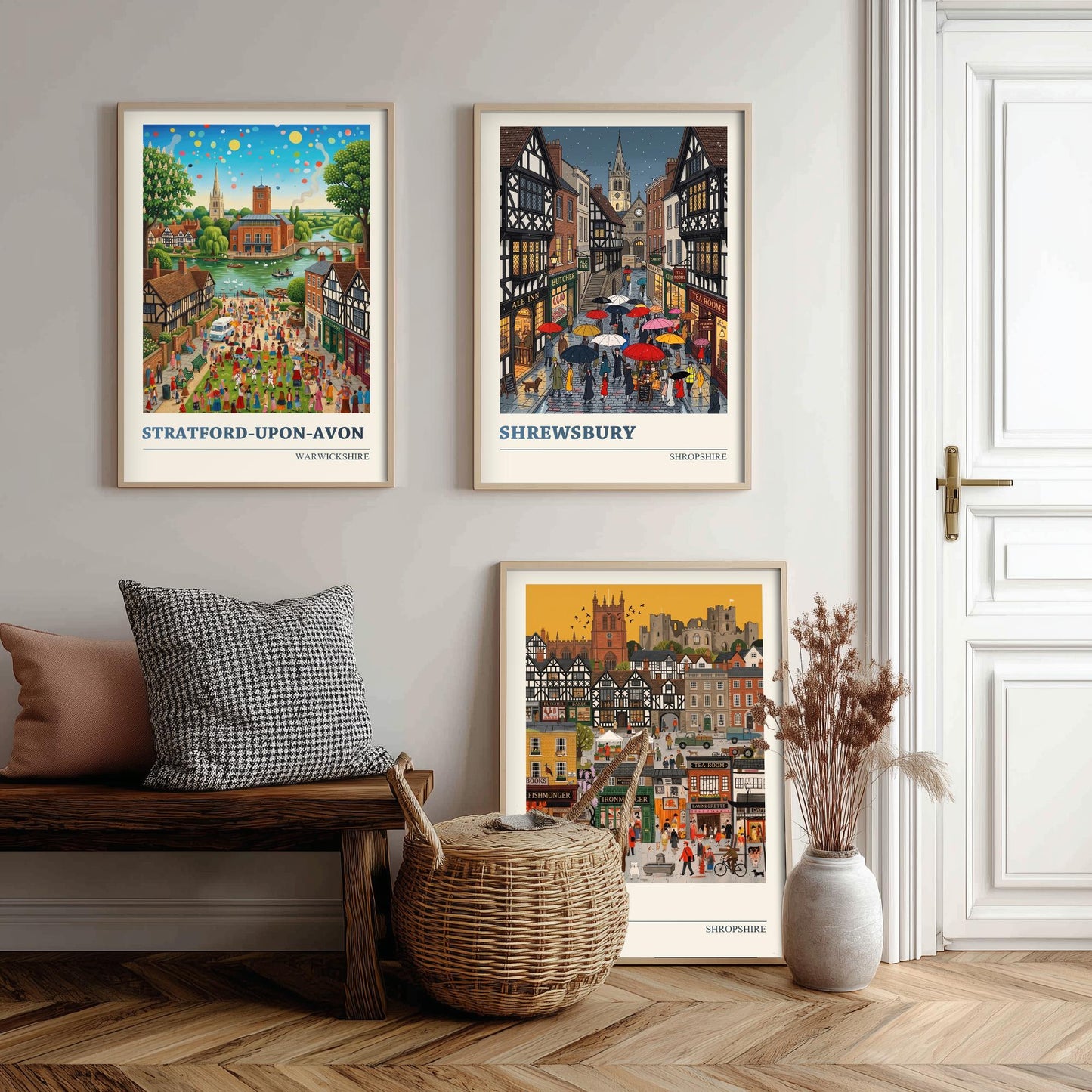 Tudor Towns Set of Three Art Prints - Stratford-upon-Avon, Shrewsbury, Ludlow - 3 Colourful Folk Illustration Posters - Painting