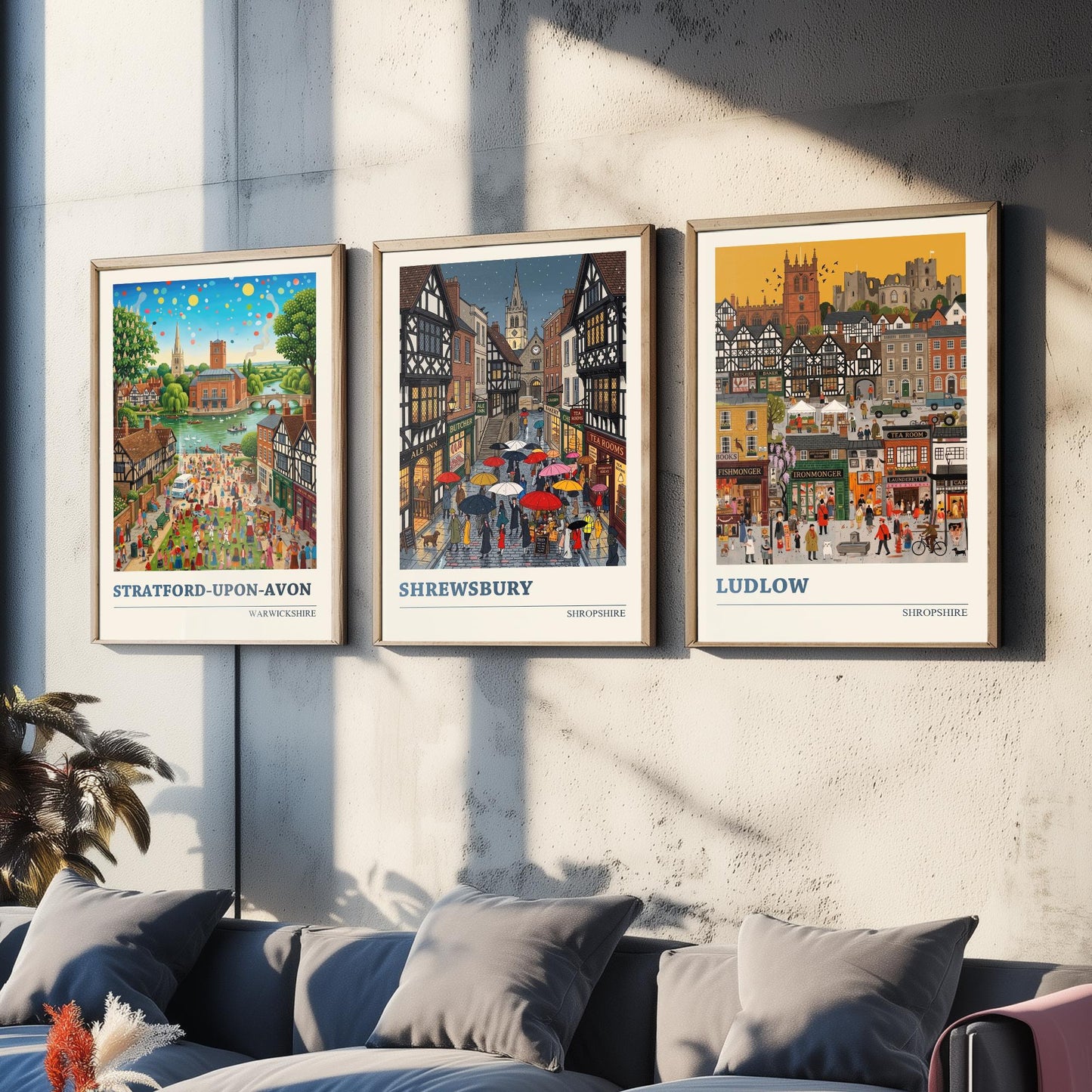 Tudor Towns Set of Three Art Prints - Stratford-upon-Avon, Shrewsbury, Ludlow - 3 Colourful Folk Illustration Posters - Painting