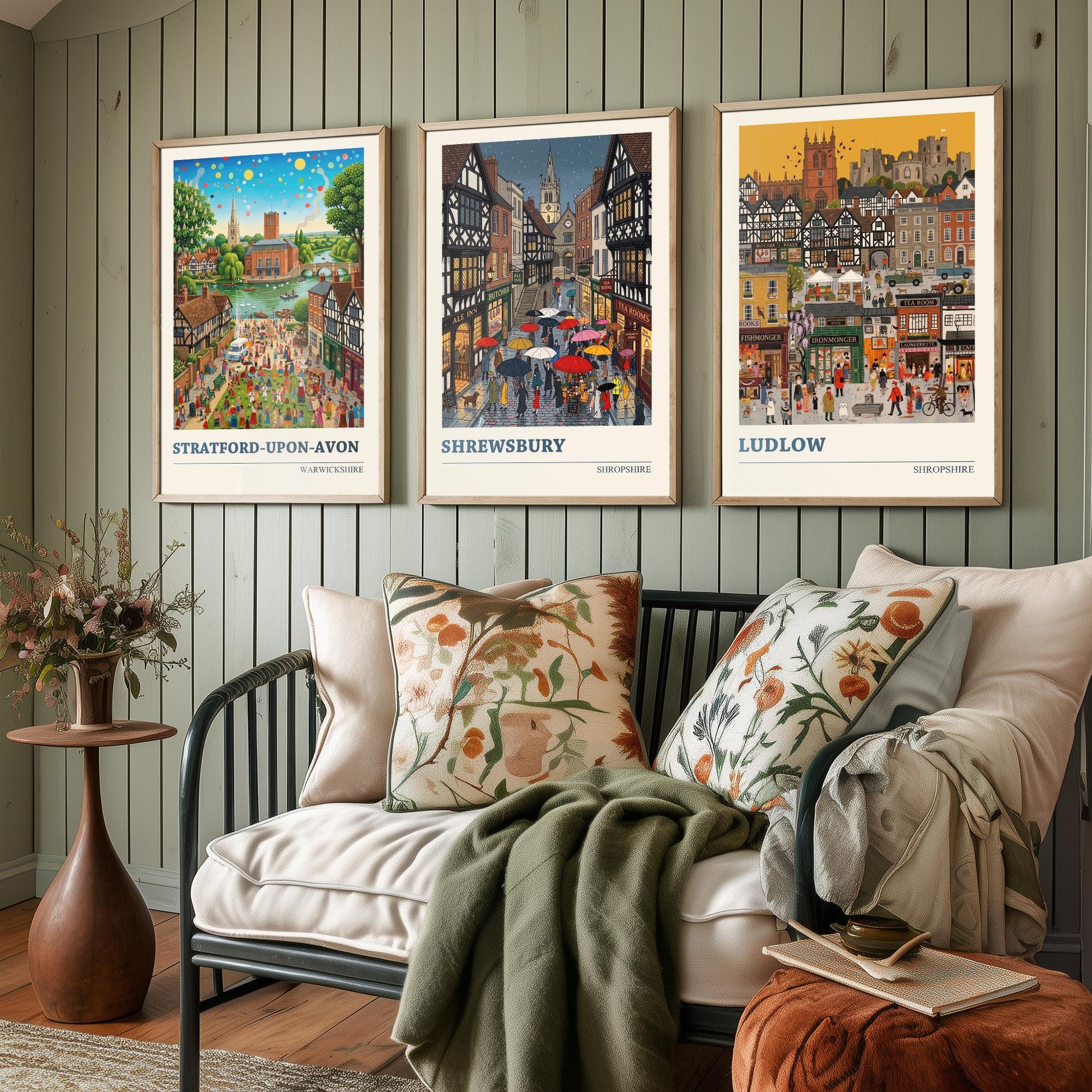 Tudor Towns Set of Three Art Prints - Stratford-upon-Avon, Shrewsbury, Ludlow - 3 Colourful Folk Illustration Posters - Painting