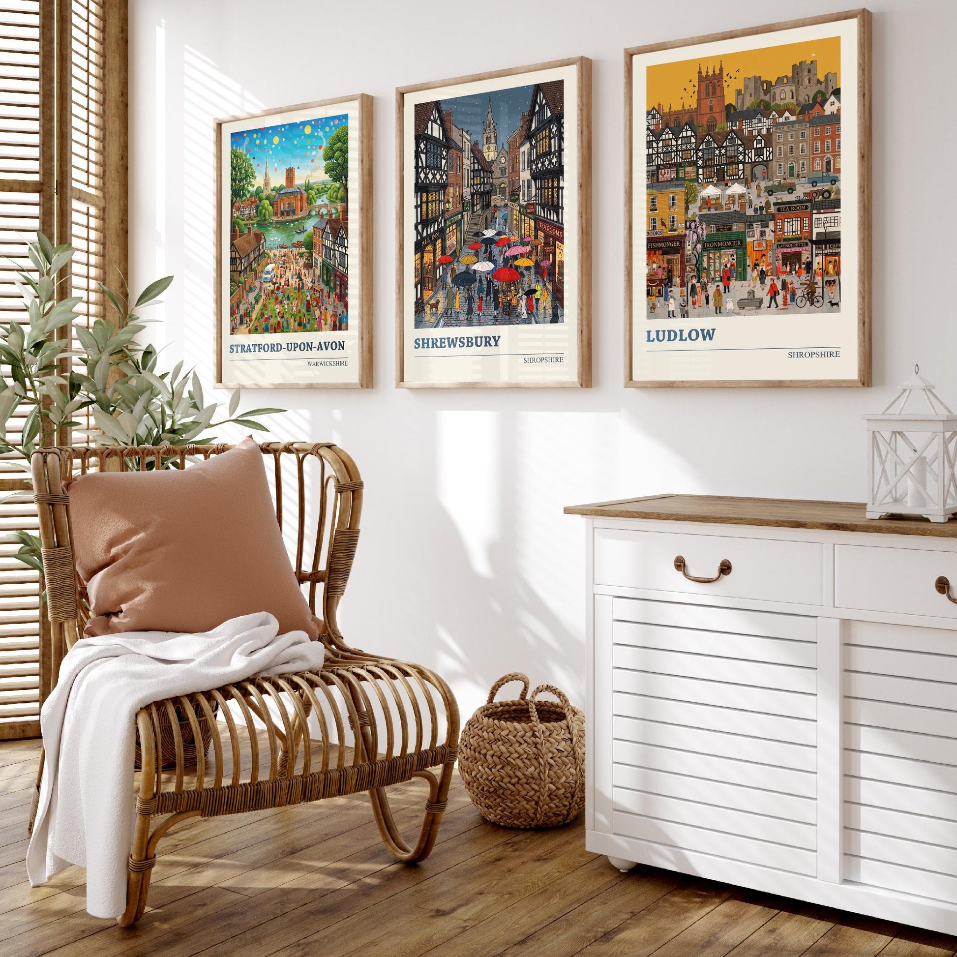 Tudor Towns Set of Three Art Prints - Stratford-upon-Avon, Shrewsbury, Ludlow - 3 Colourful Folk Illustration Posters - Painting