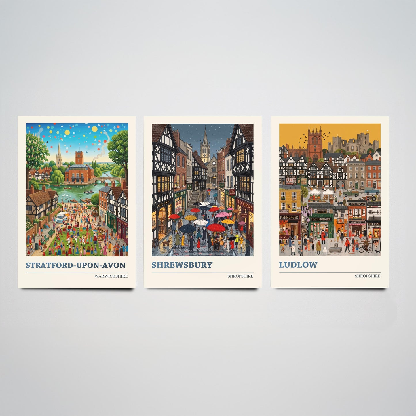 Tudor Towns Set of Three Art Prints - Stratford-upon-Avon, Shrewsbury, Ludlow - 3 Colourful Folk Illustration Posters - Painting
