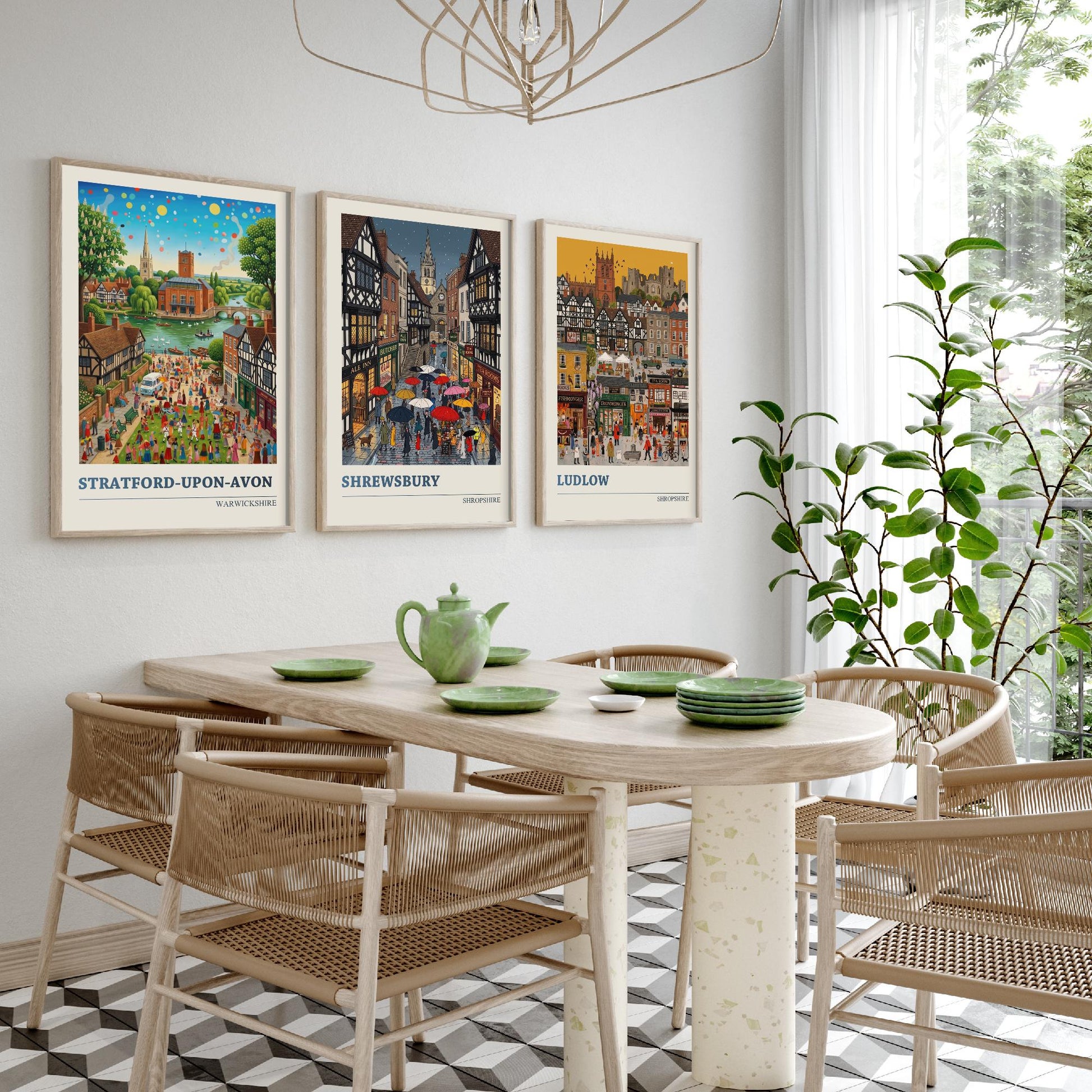 Tudor Towns Set of Three Art Prints - Stratford-upon-Avon, Shrewsbury, Ludlow - 3 Colourful Folk Illustration Posters - Painting