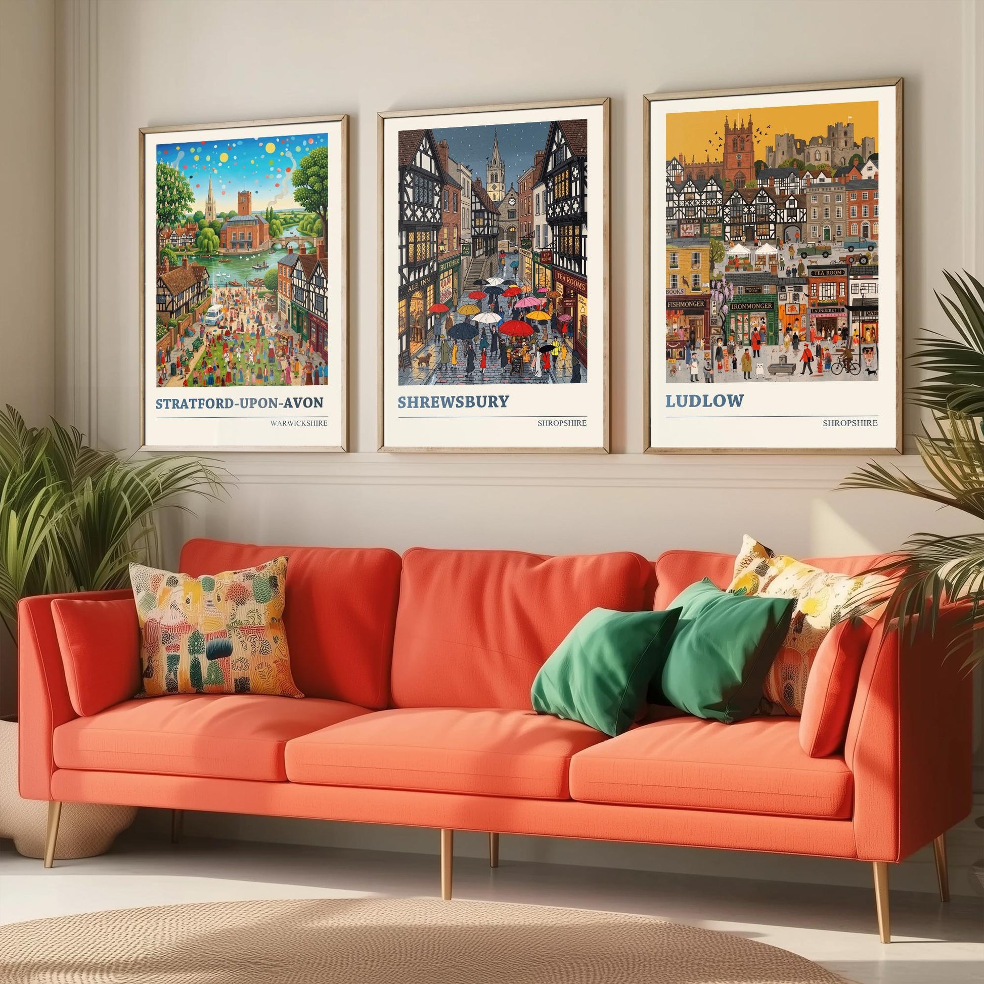 Tudor Towns Set of Three Art Prints - Stratford-upon-Avon, Shrewsbury, Ludlow - 3 Colourful Folk Illustration Posters - Painting