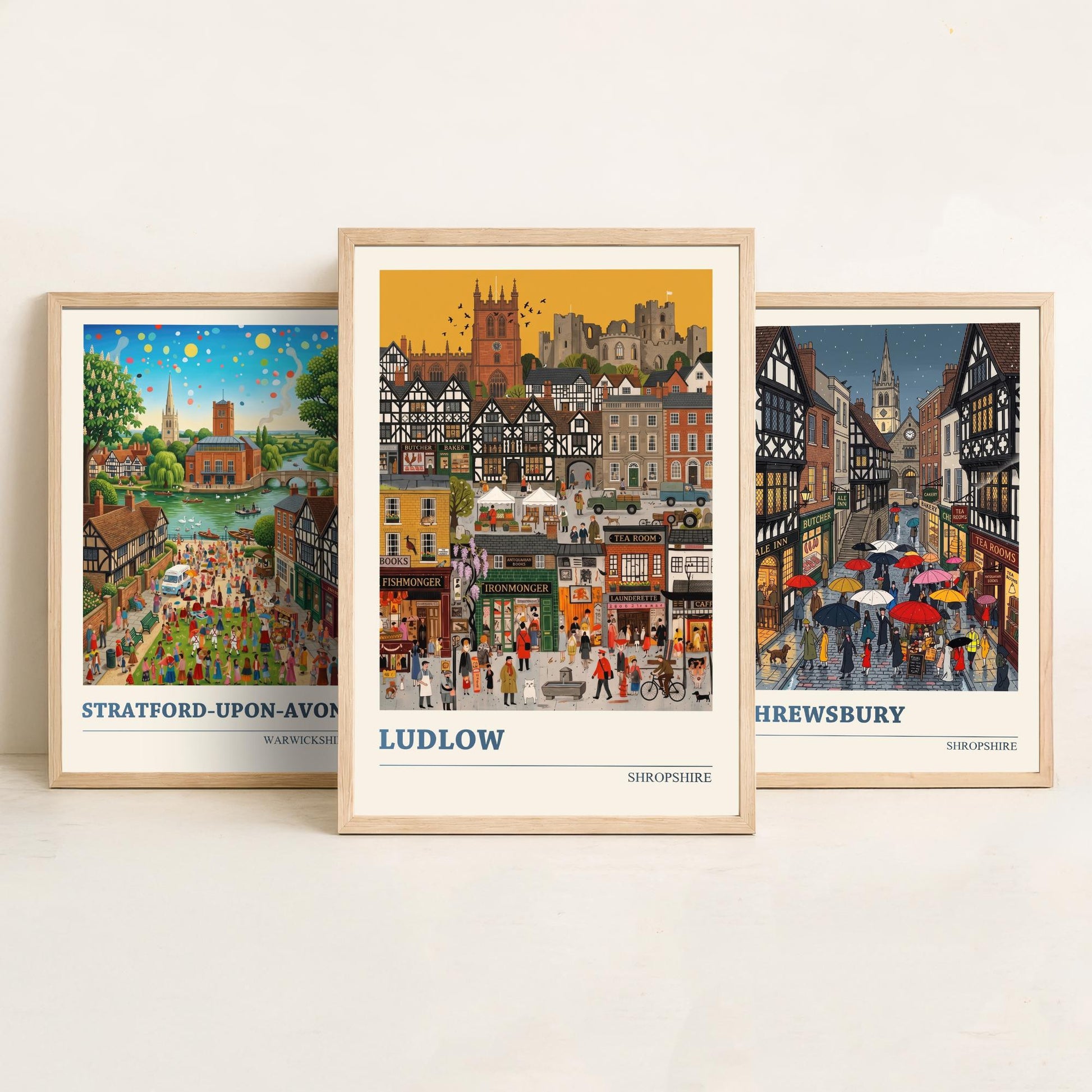 Tudor Towns Set of Three Art Prints - Stratford-upon-Avon, Shrewsbury, Ludlow - 3 Colourful Folk Illustration Posters - Painting