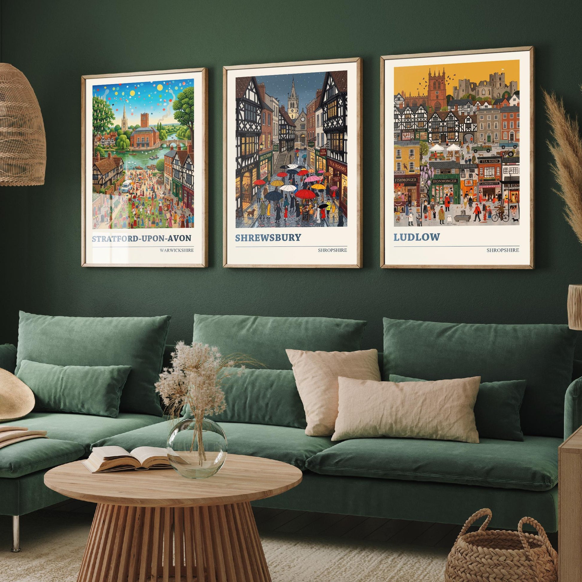 Tudor Towns Set of Three Art Prints - Stratford-upon-Avon, Shrewsbury, Ludlow - 3 Colourful Folk Illustration Posters - Painting