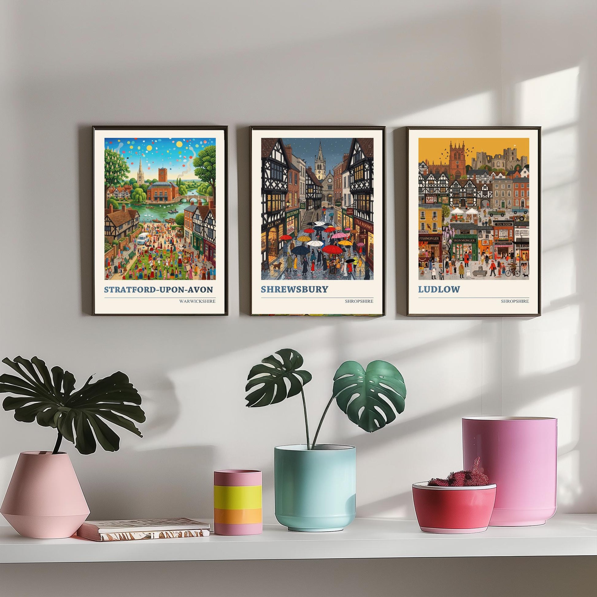 Tudor Towns Set of Three Art Prints - Stratford-upon-Avon, Shrewsbury, Ludlow - 3 Colourful Folk Illustration Posters - Painting
