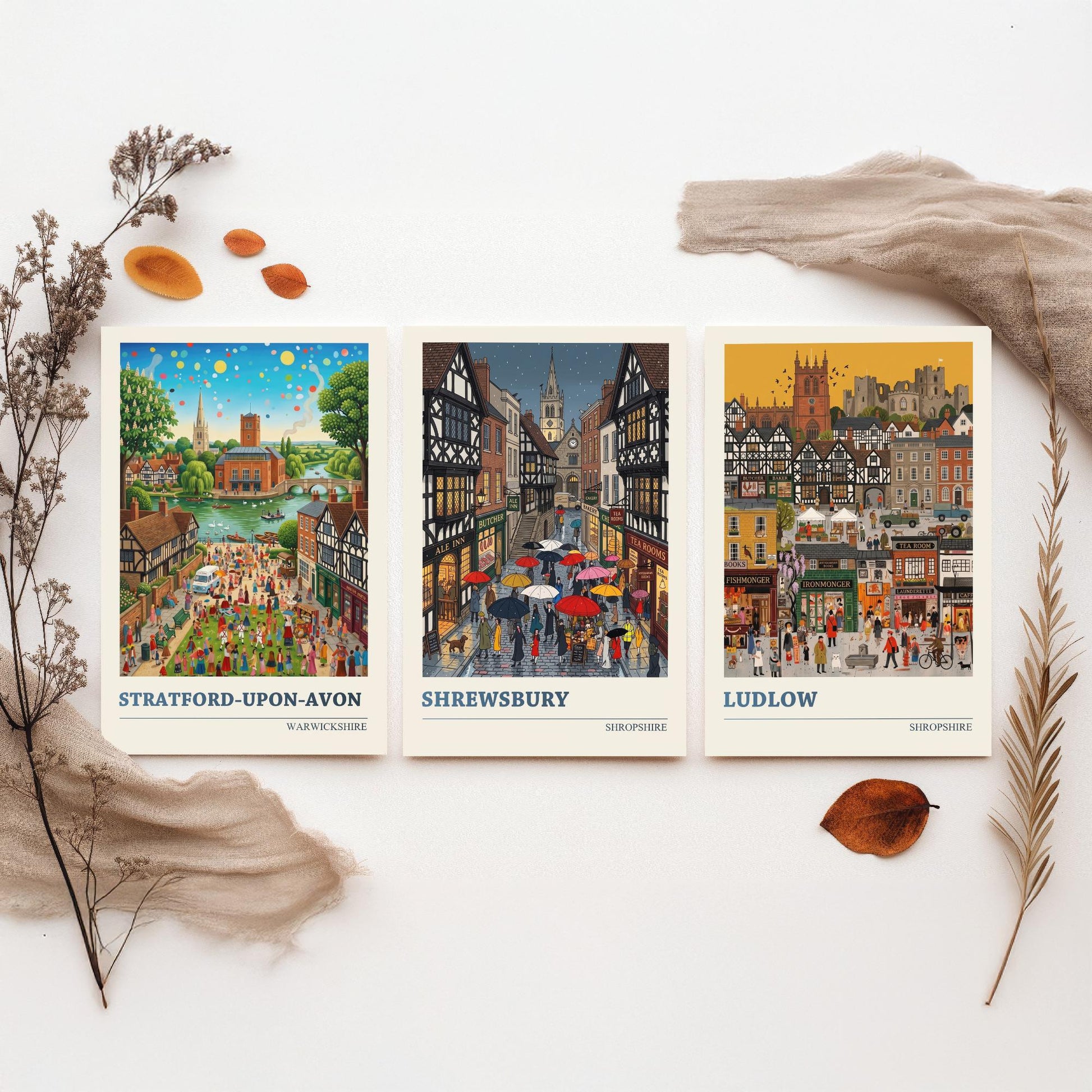 Tudor Towns Set of Three Art Prints - Stratford-upon-Avon, Shrewsbury, Ludlow - 3 Colourful Folk Illustration Posters - Painting