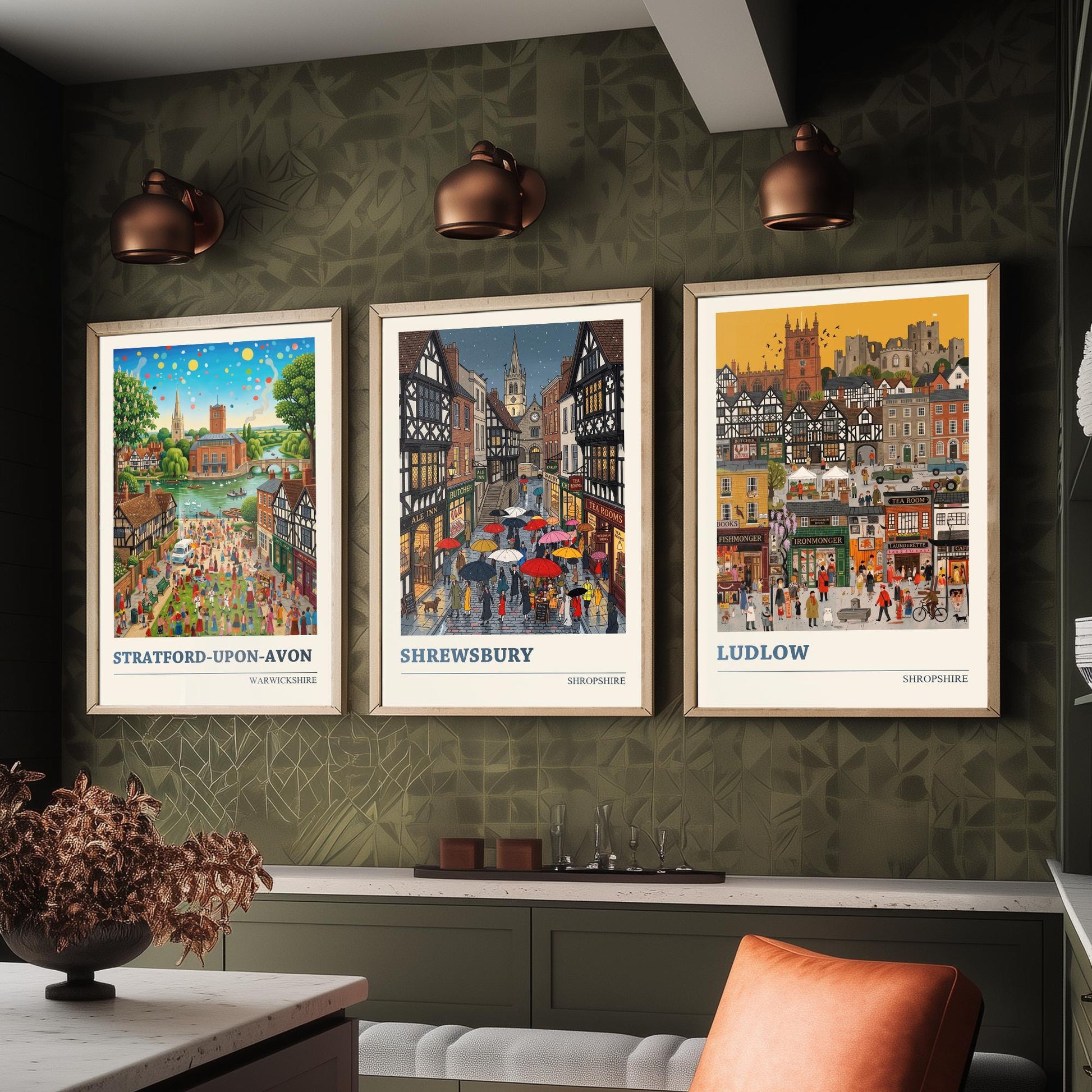 Tudor Towns Set of Three Art Prints - Stratford-upon-Avon, Shrewsbury, Ludlow - 3 Colourful Folk Illustration Posters - Painting