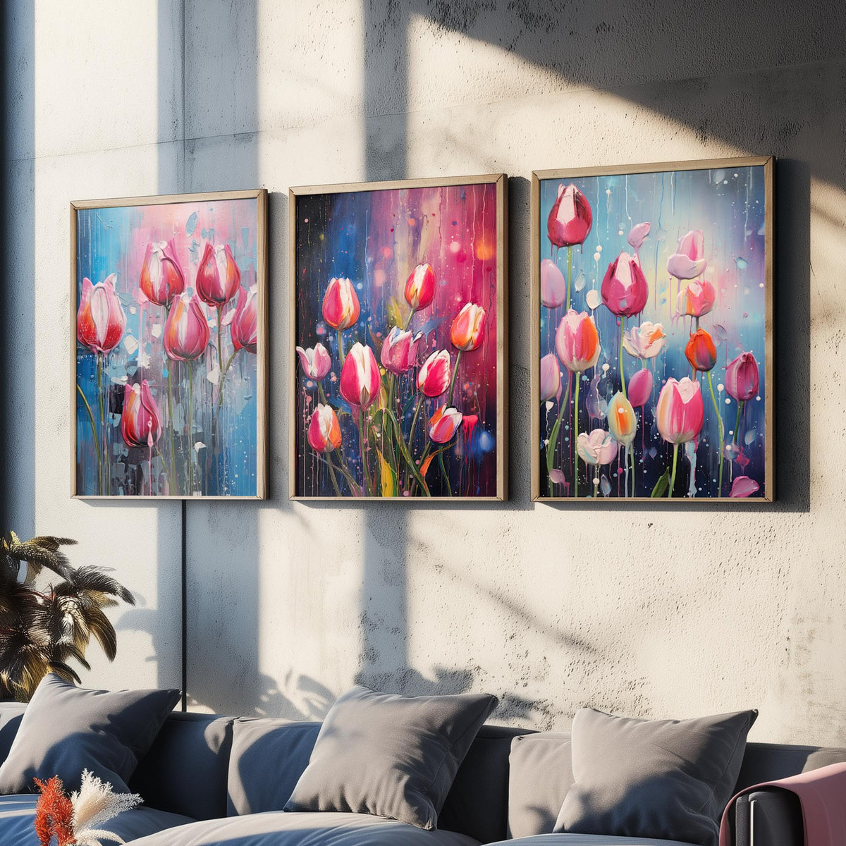 Tulips in Bold Colourful Brush Strokes Set of Three Art Prints - Pink Tulips with Paint Drips - Impasto Flower Poster Illustration