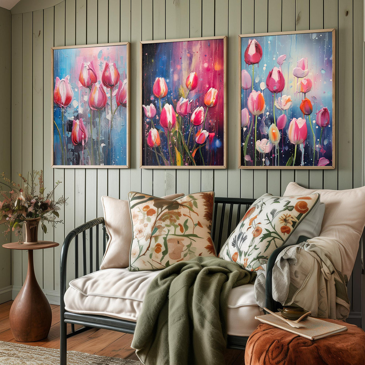 Tulips in Bold Colourful Brush Strokes Set of Three Art Prints - Pink Tulips with Paint Drips - Impasto Flower Poster Illustration